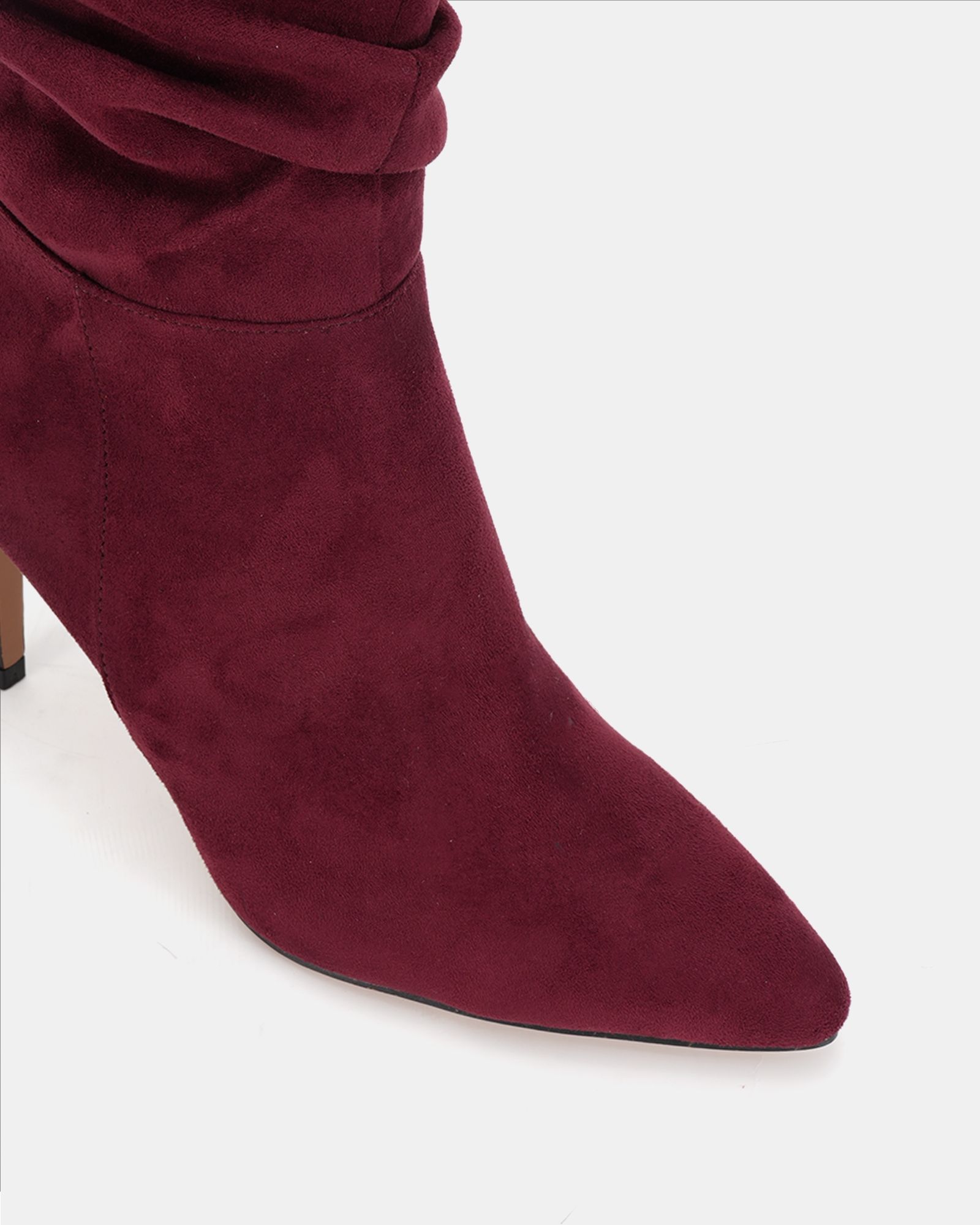 Dekota Burgundy Ruched Point Mid Calf Boot