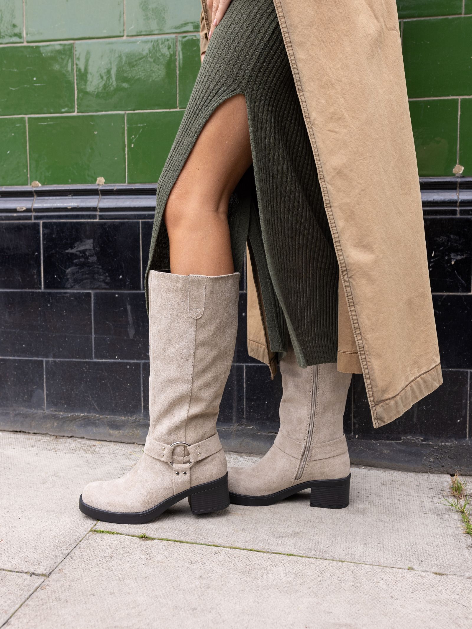 Delaware Taupe Harness Biker Knee Boot
