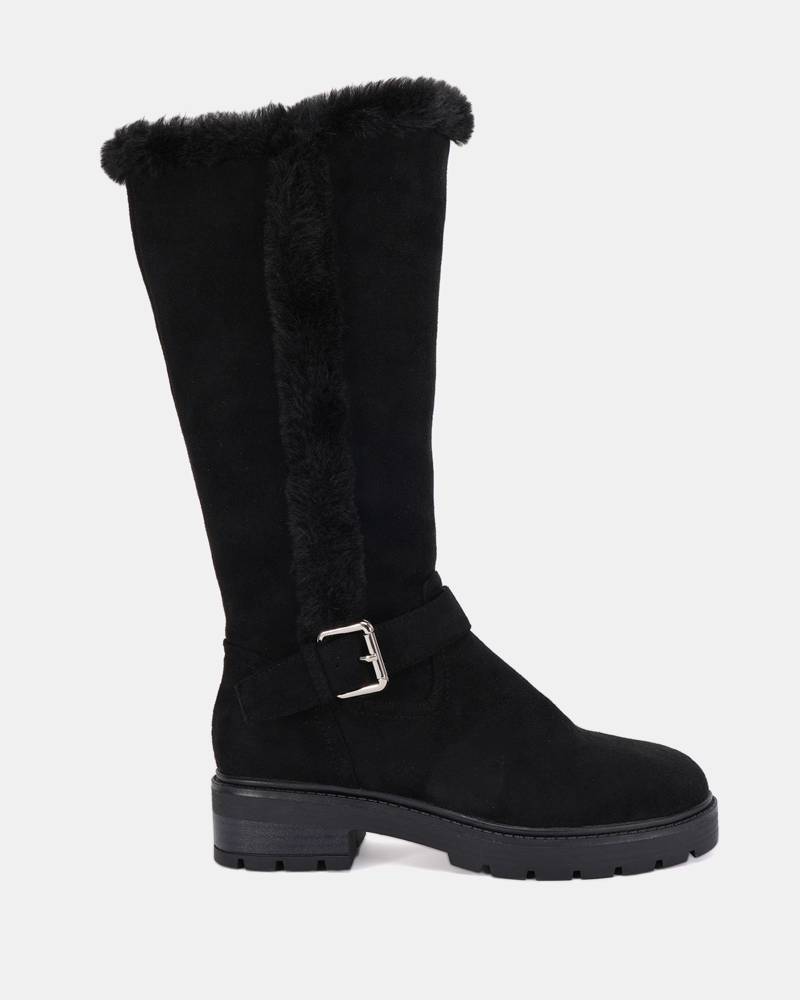 Gillian Black Faux fur lined chunky flat knee buckle boot