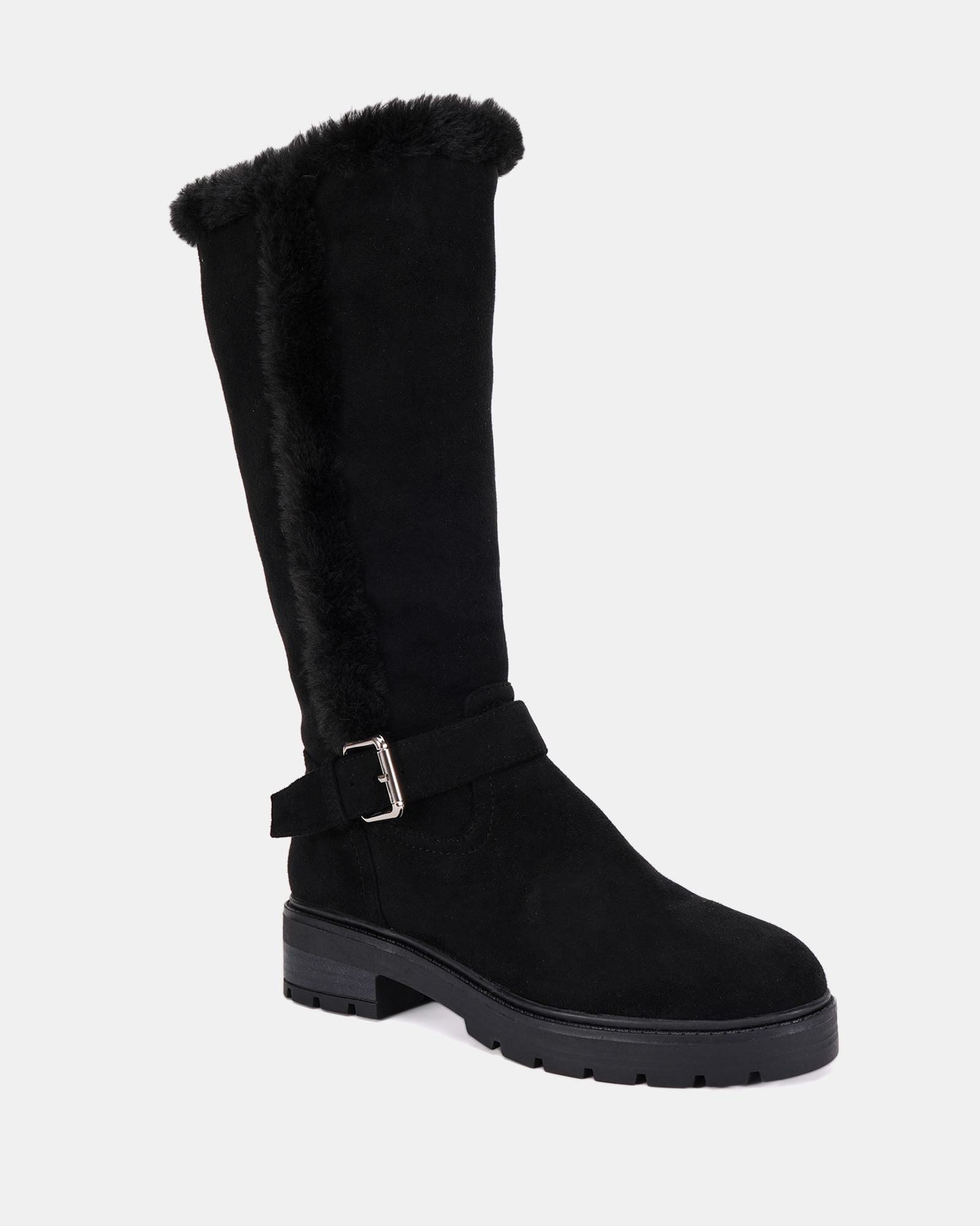 Gillian Black Faux fur lined chunky flat knee buckle boot