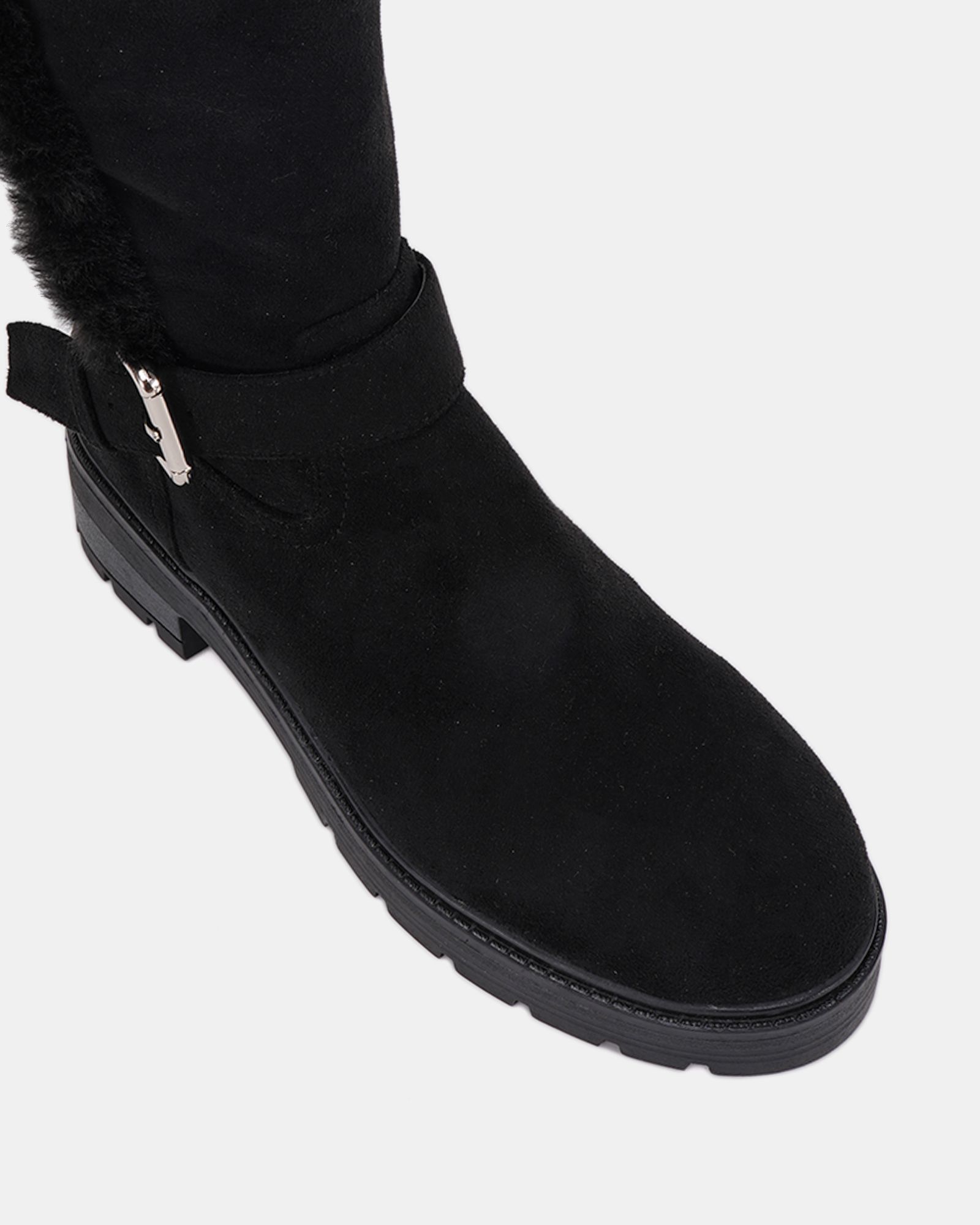 Gillian Black Faux fur lined chunky flat knee buckle boot