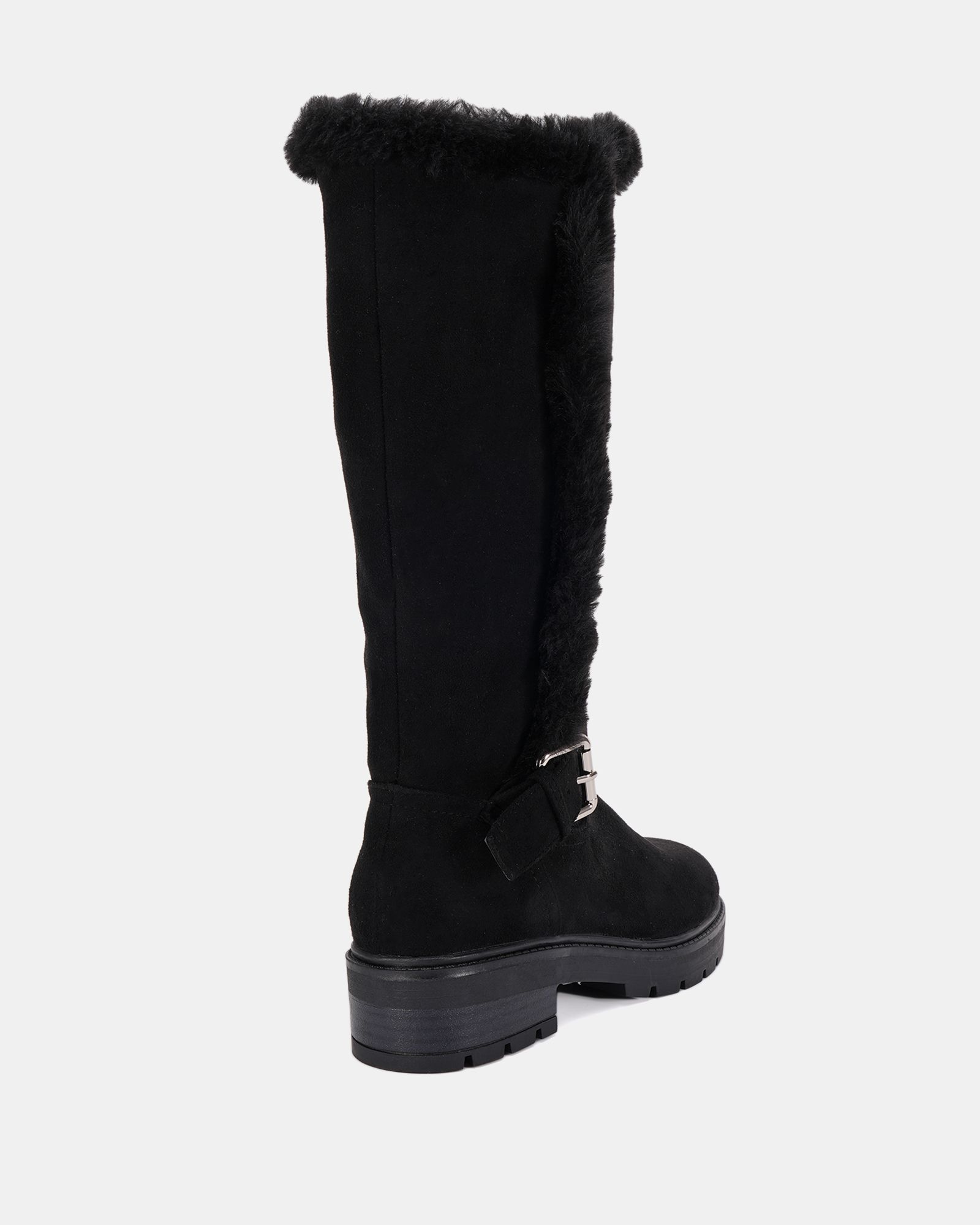 Gillian Black Faux fur lined chunky flat knee buckle boot