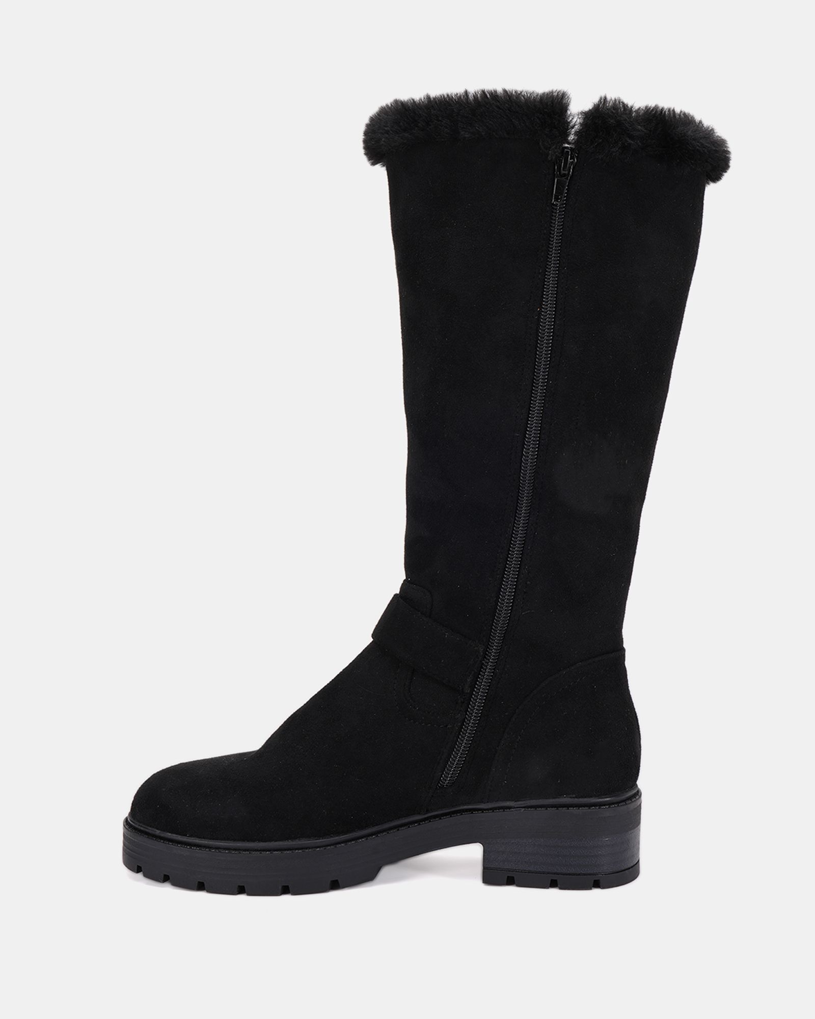 Gillian Black Faux fur lined chunky flat knee buckle boot