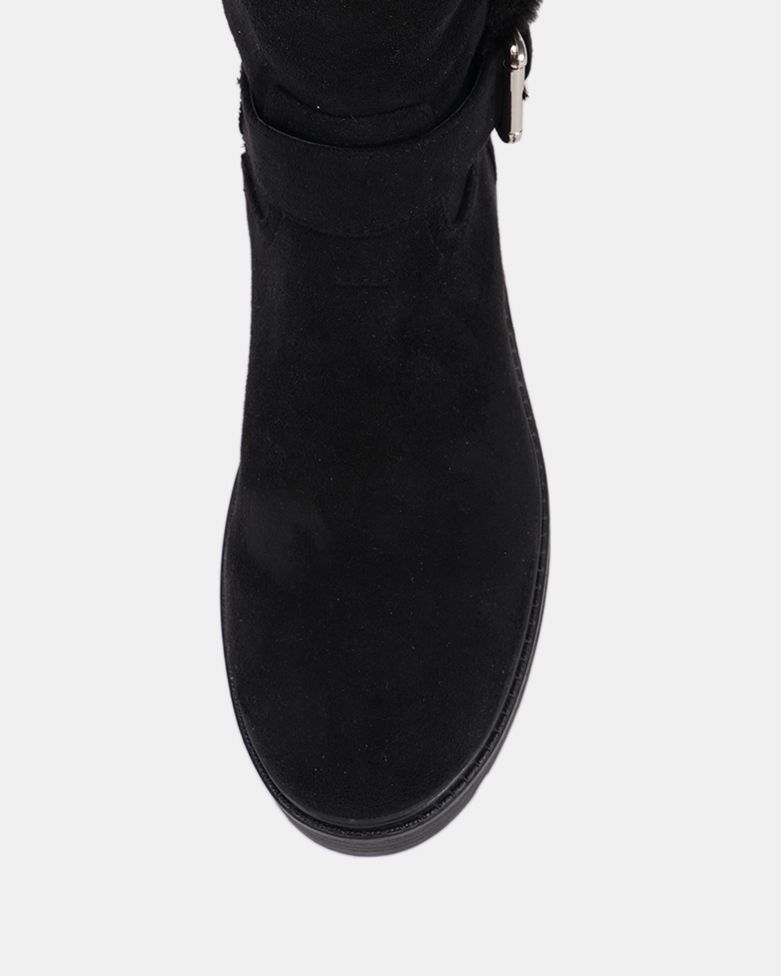 Gillian Black Faux fur lined chunky flat knee buckle boot