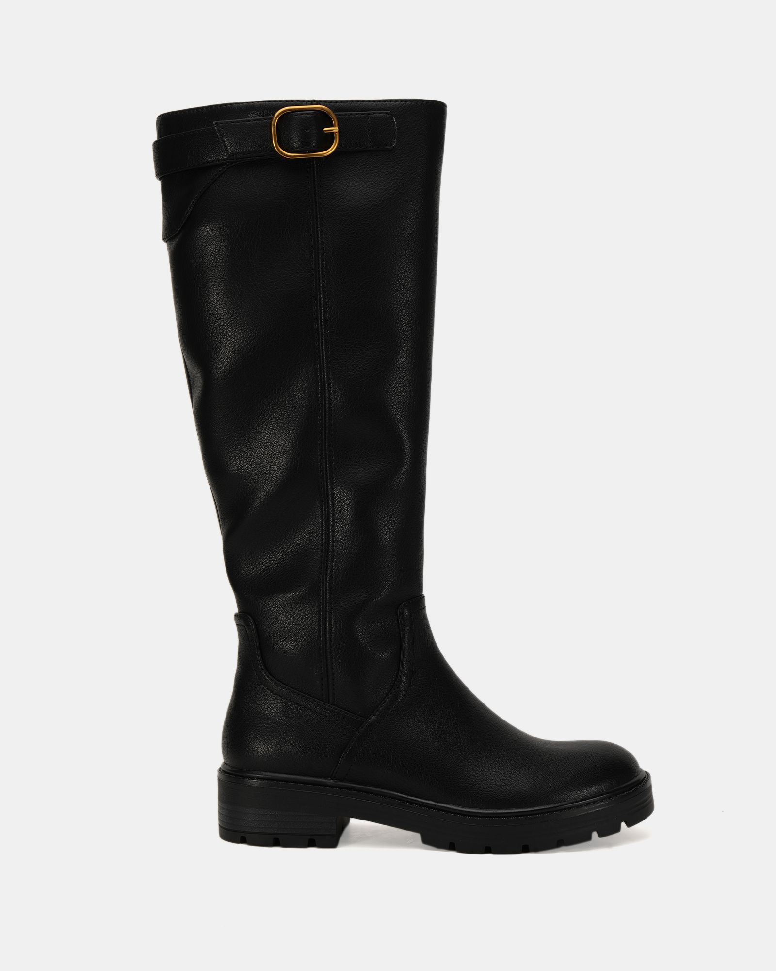 Giovanna Black flat knee buckle boot