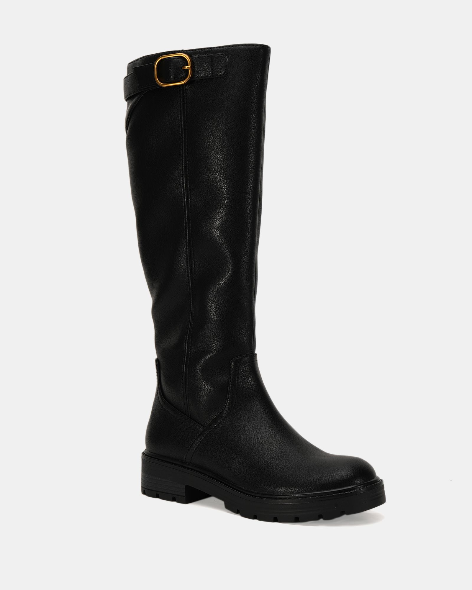 Giovanna Black flat knee buckle boot