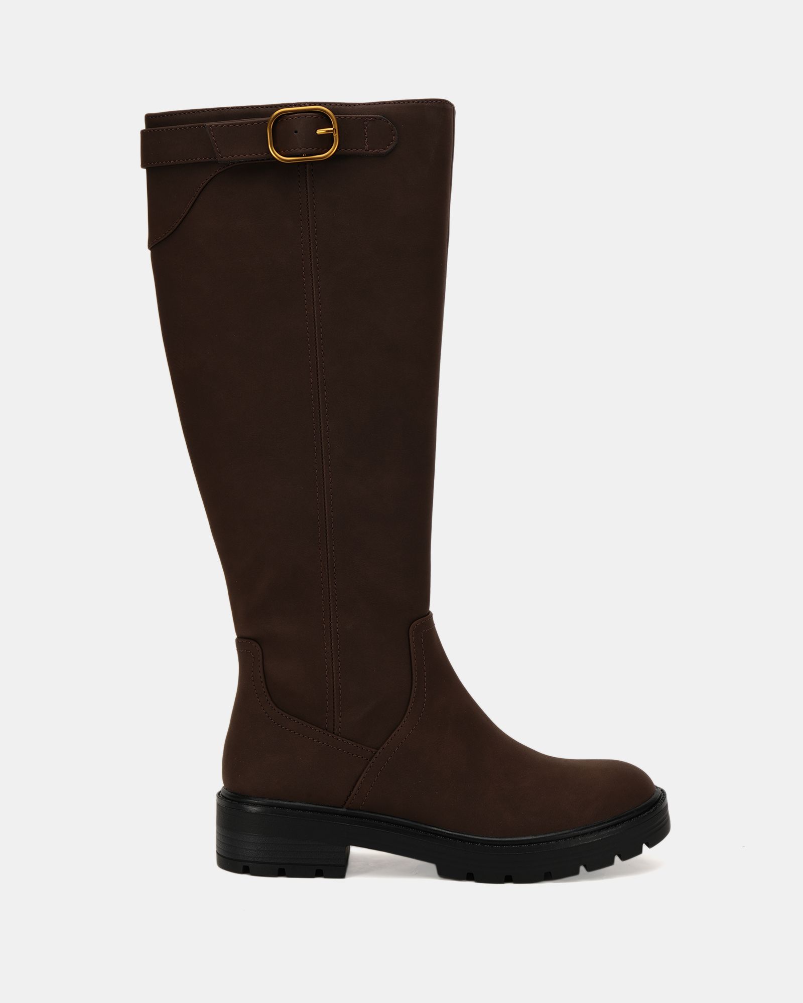 Giovanna Brown flat knee buckle boot