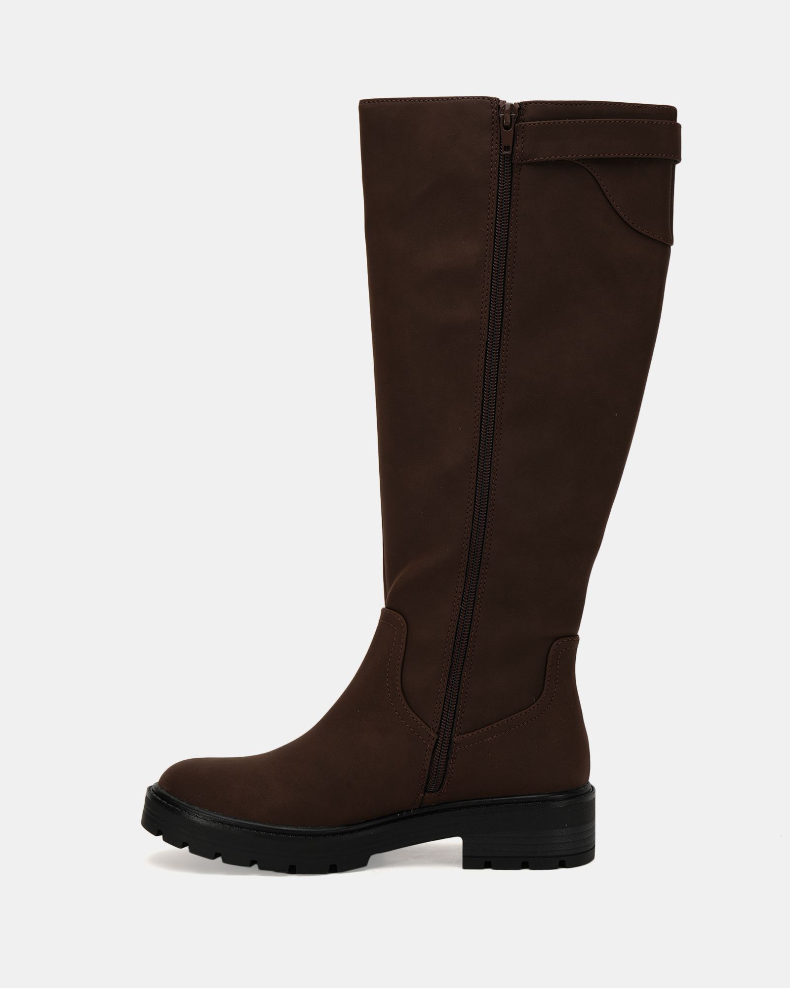 Giovanna Brown flat knee buckle boot