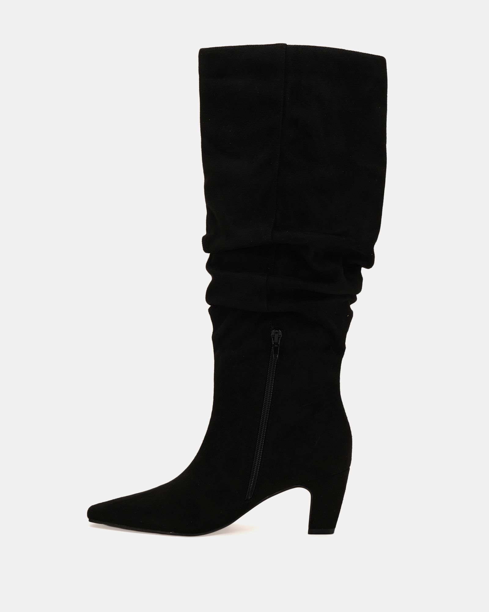 Grace Black Mid heel point ruched knee boot