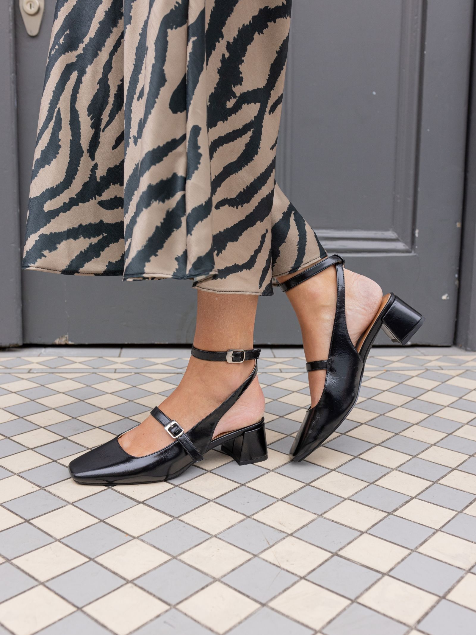 Hazel Black Low block heel ankle strap mary jane shoe