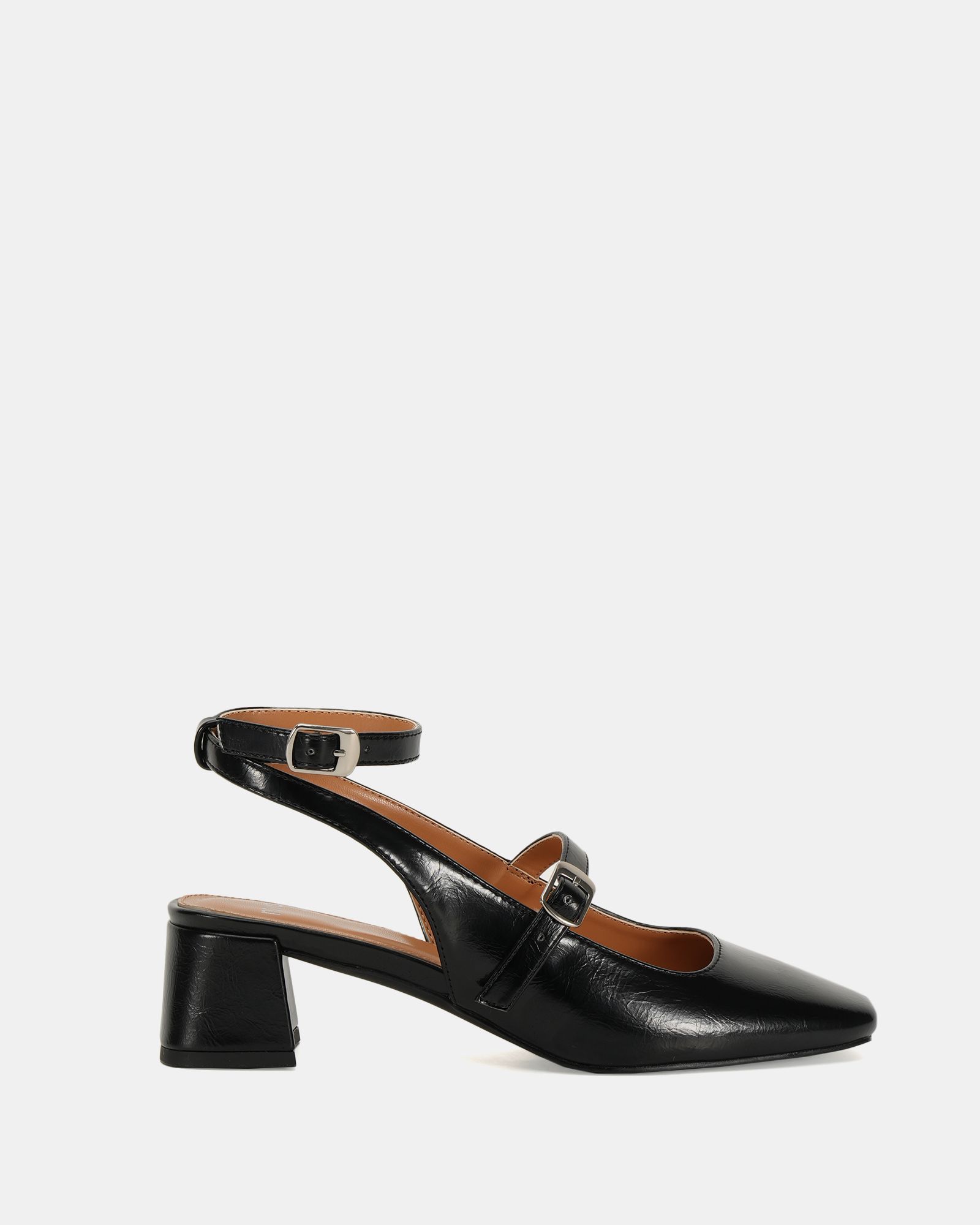 Hazel Black Low block heel ankle strap mary jane shoe