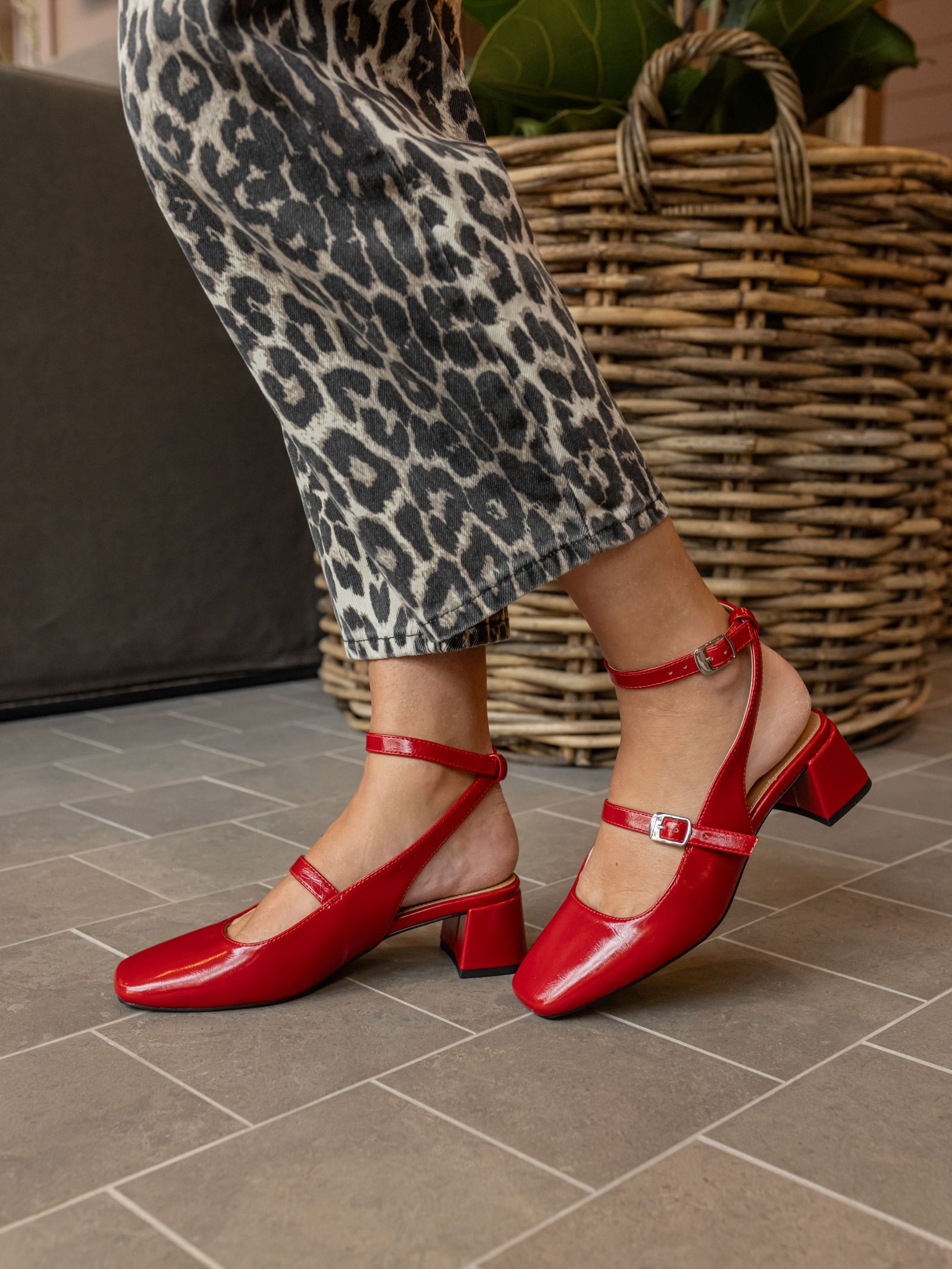 Hazel Red Low block heel ankle strap mary jane shoe