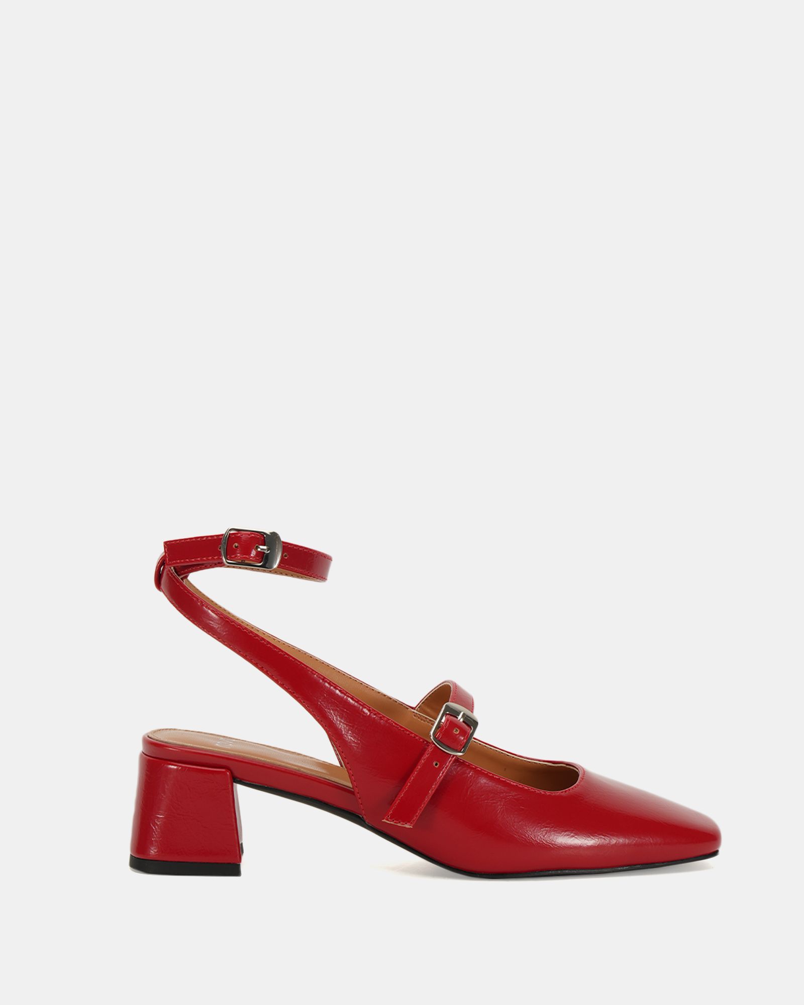 Hazel Red Low block heel ankle strap mary jane shoe
