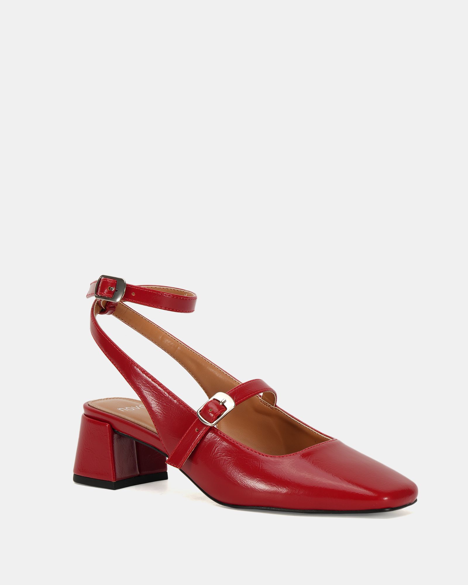 Hazel Red Low block heel ankle strap mary jane shoe