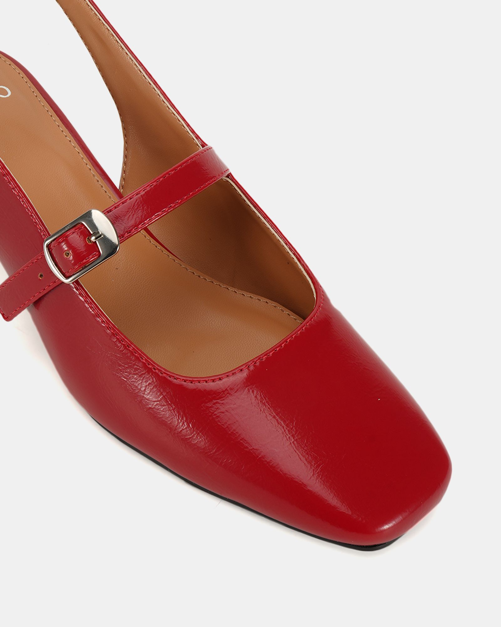 Hazel Red Low block heel ankle strap mary jane shoe