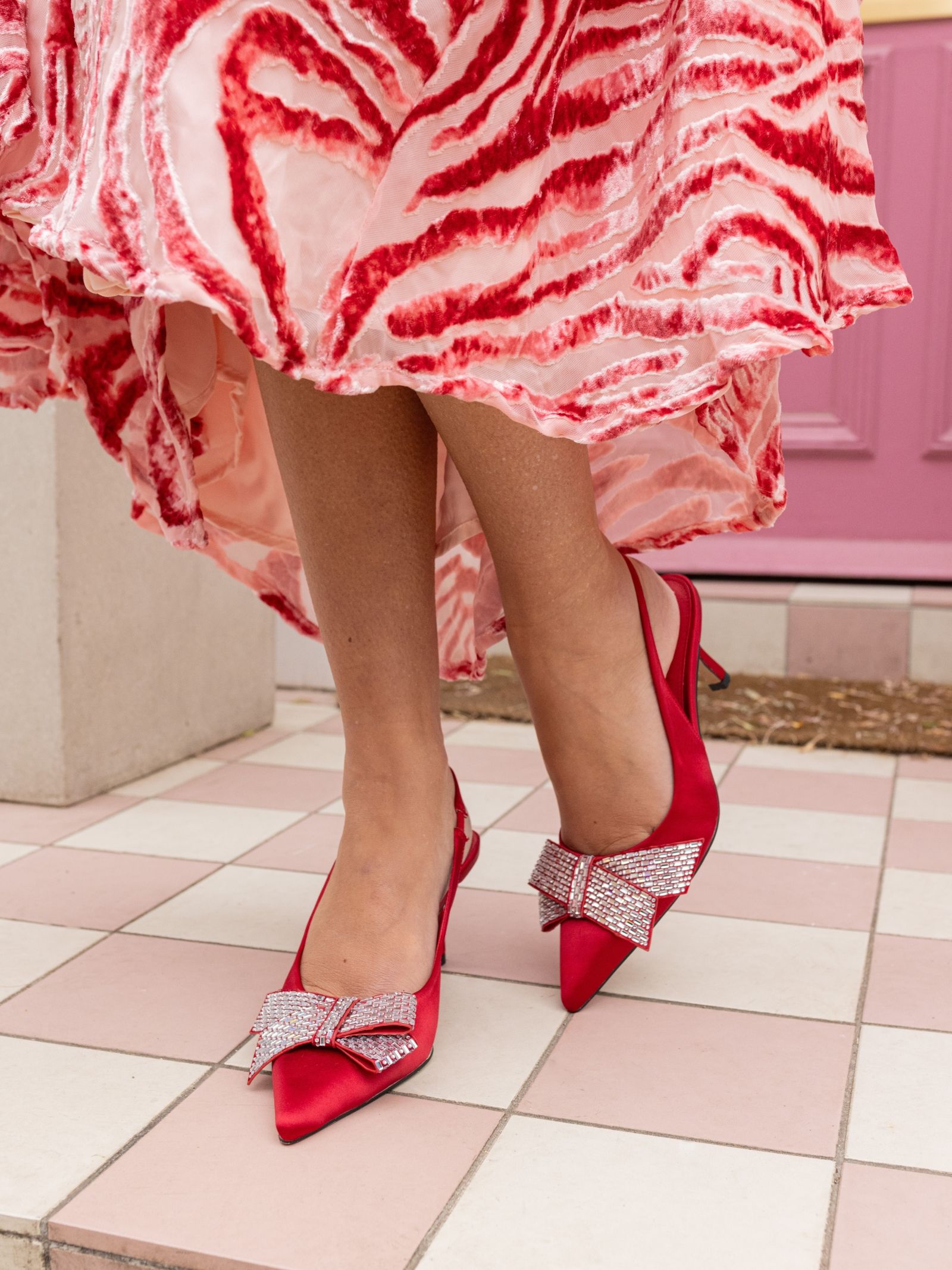 Wide Fit Isernia Red Luxe Diamante Bow Slingback Court