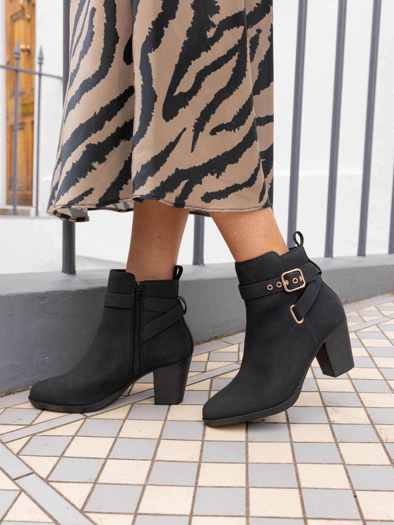 Jayda Black Buckle Detail Heeled Boot