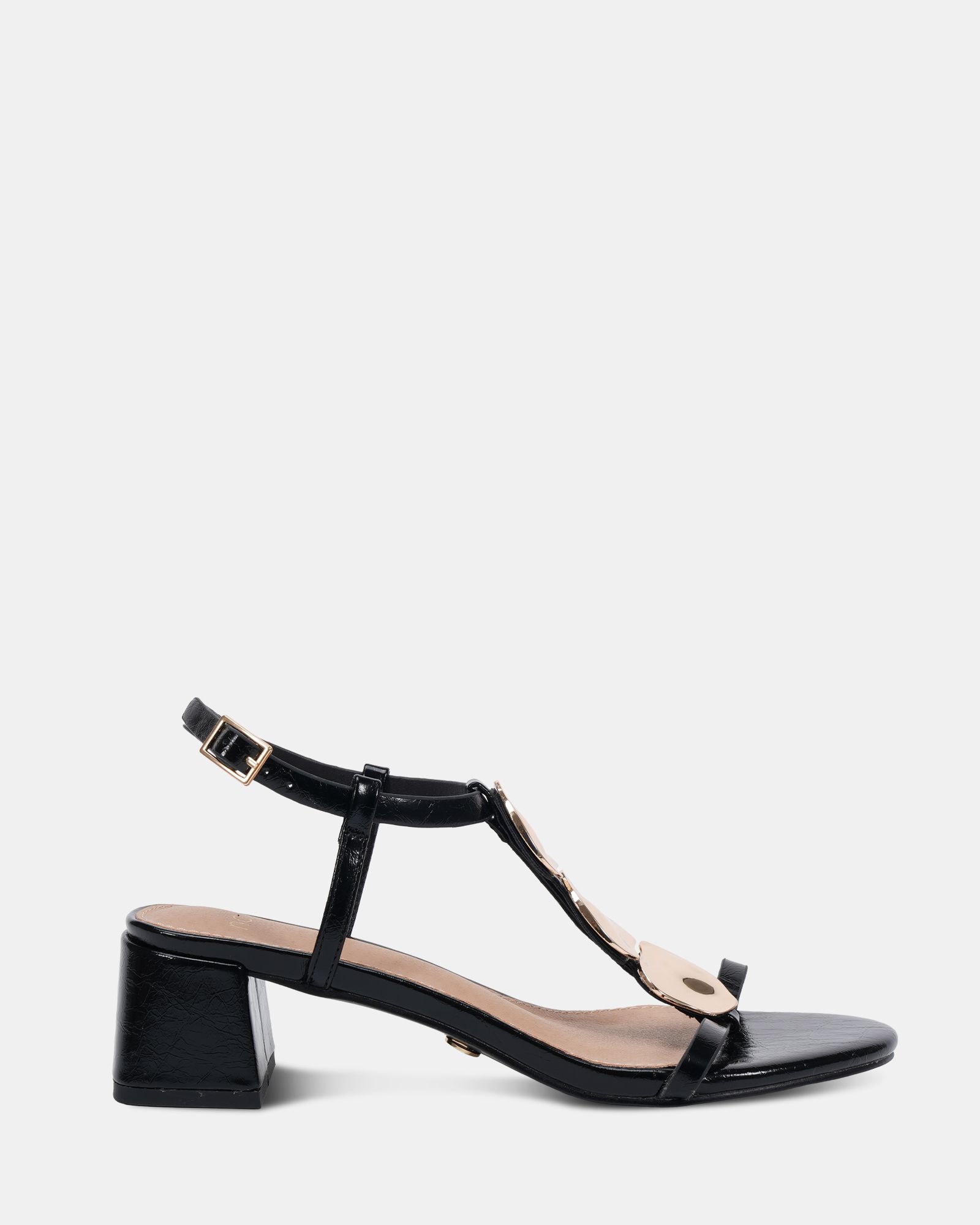 WIDE FIT MAGDA Black Hardware Detail Block Heel Sandal