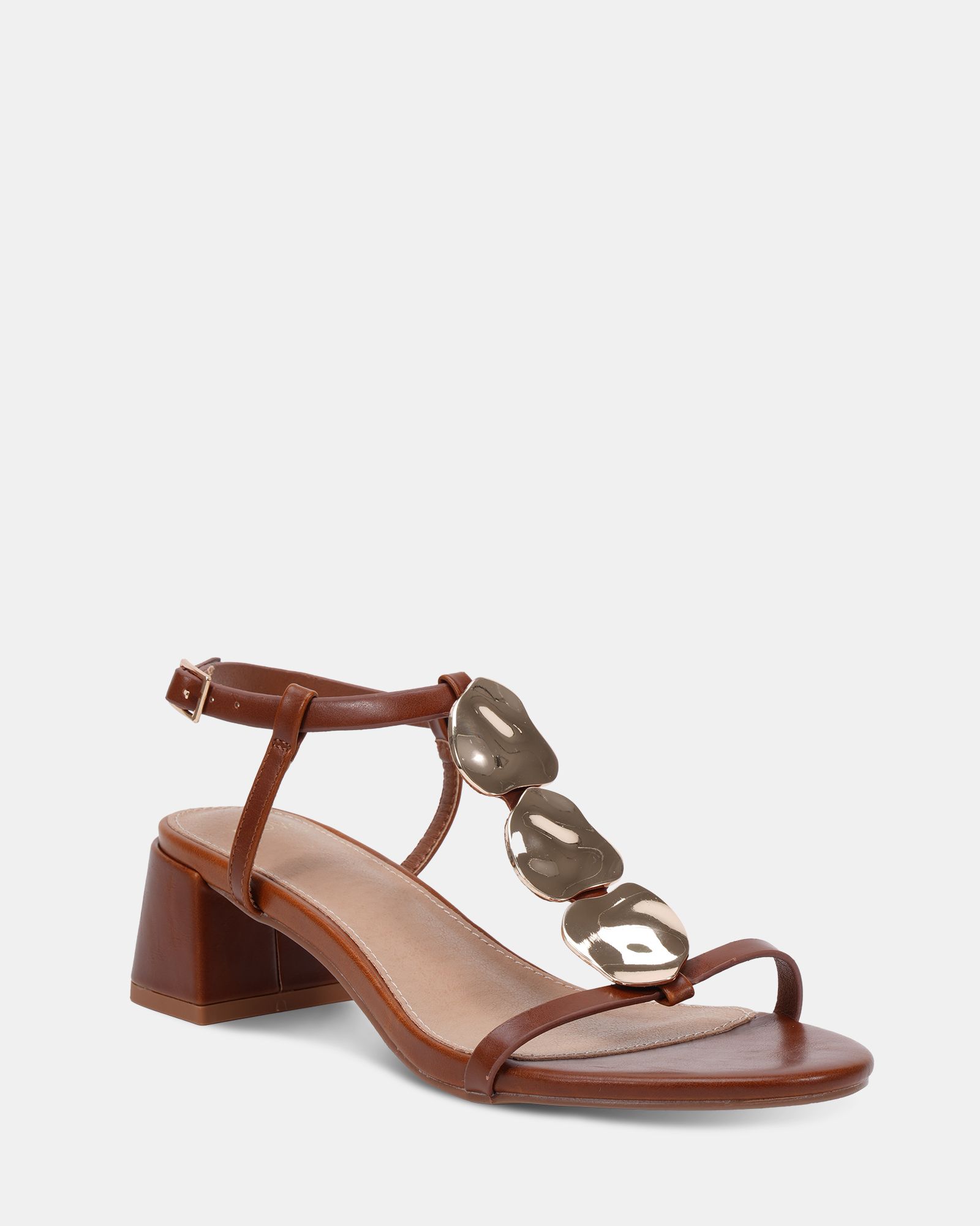 MAGDA Tan Hardware Detail Block Heel Sandal