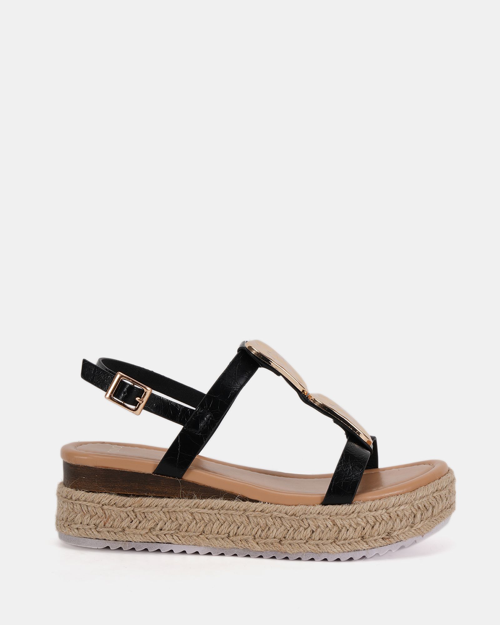 SASKIA Black Hardware Detail Espadrille Flatform Sandal