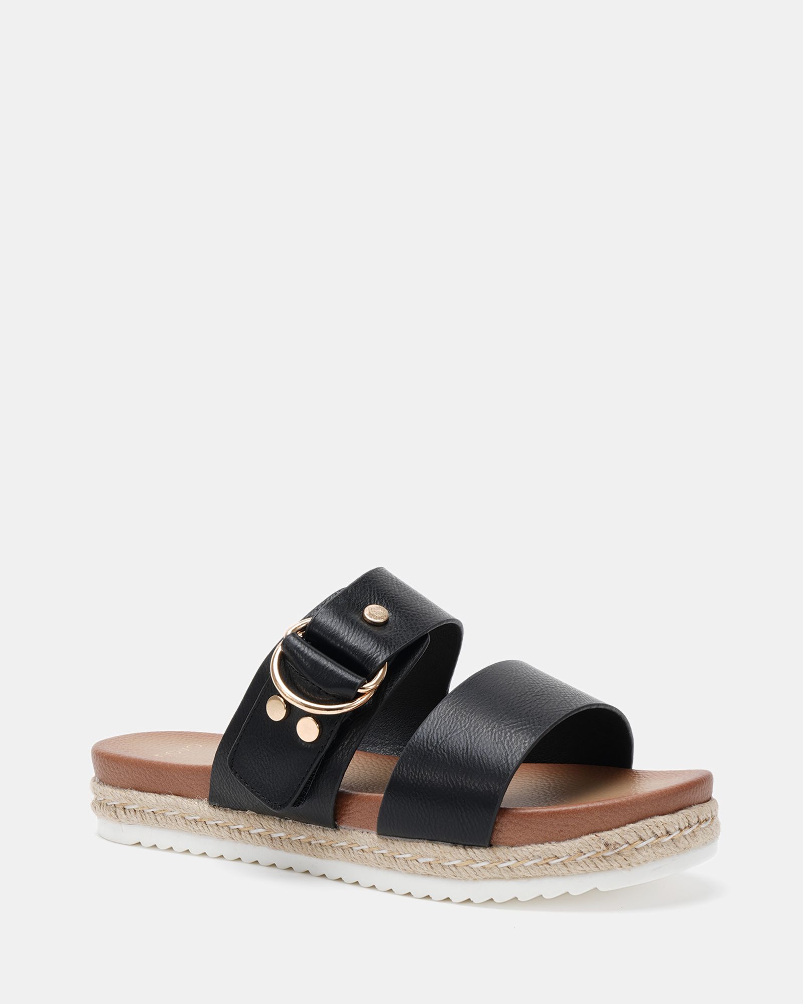 SEZZADIO Black  Double Strap Buckle Mule Espadrille Sandal