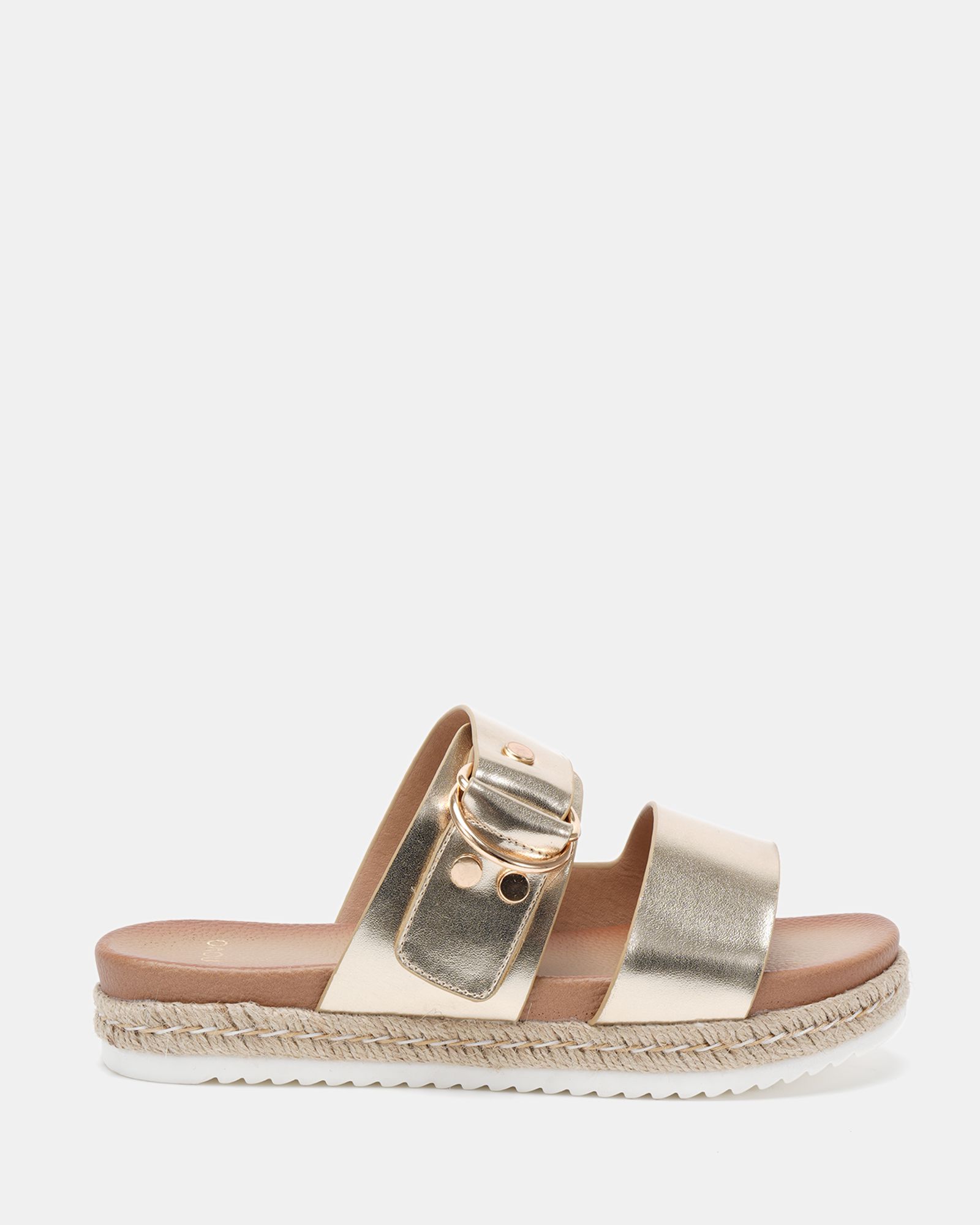 WIDE FIT SEZZADIO Gold Double Strap Buckle Mule Espadrille Sa