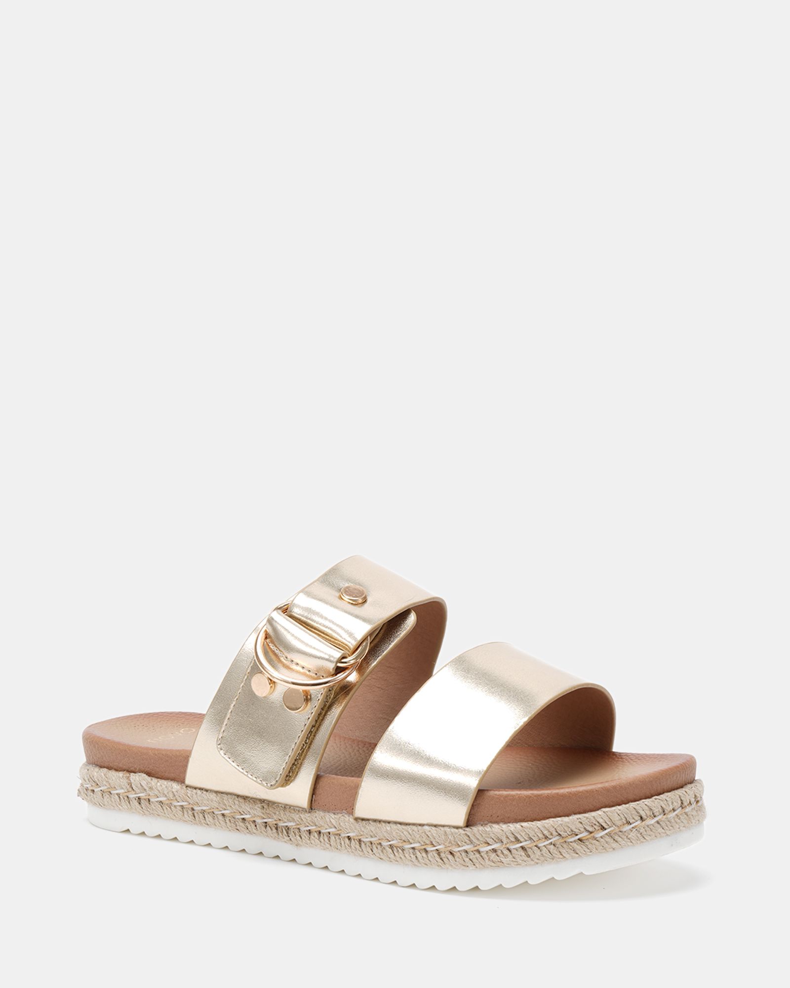 WIDE FIT SEZZADIO Gold Double Strap Buckle Mule Espadrille Sa