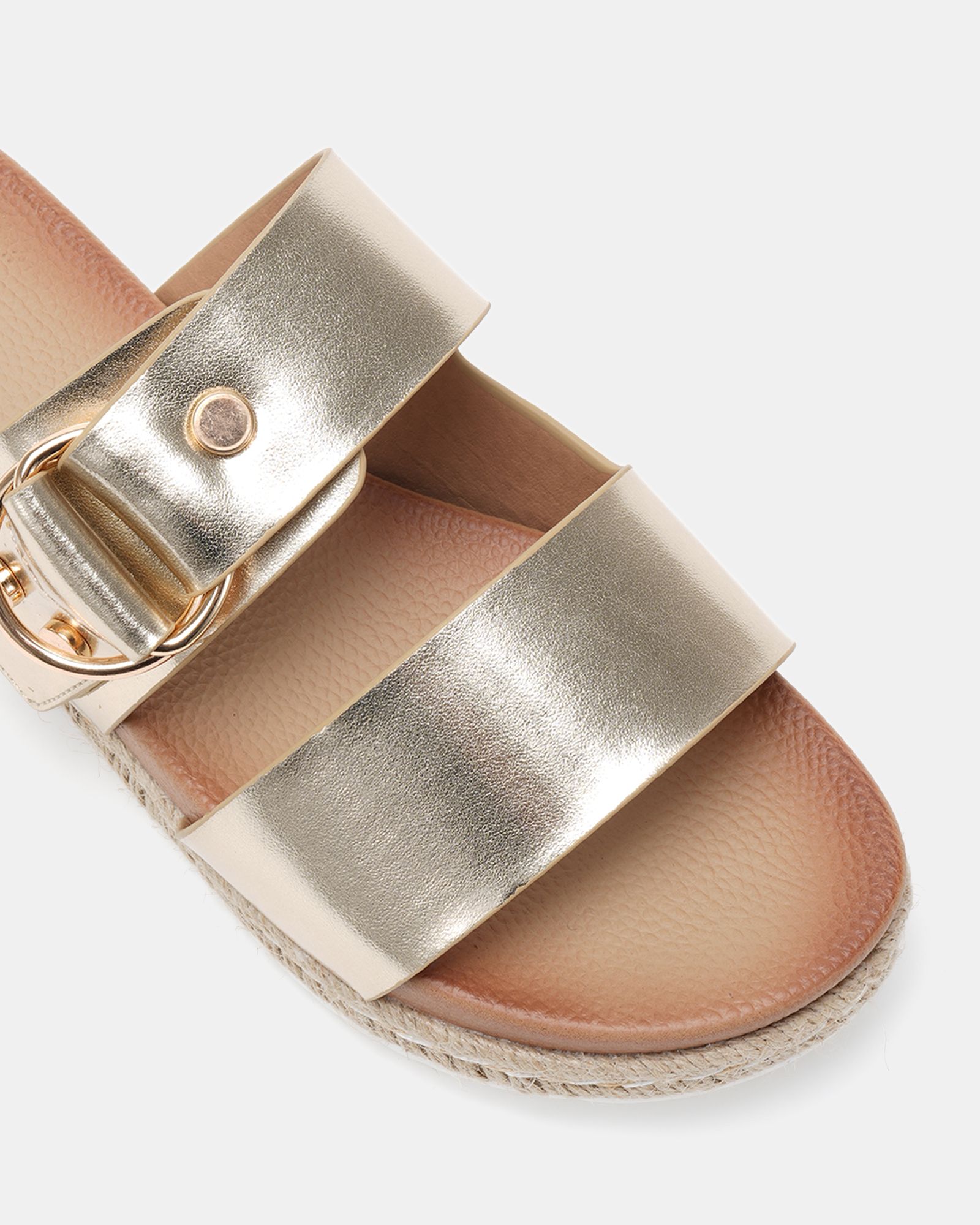 WIDE FIT SEZZADIO Gold Double Strap Buckle Mule Espadrille Sa