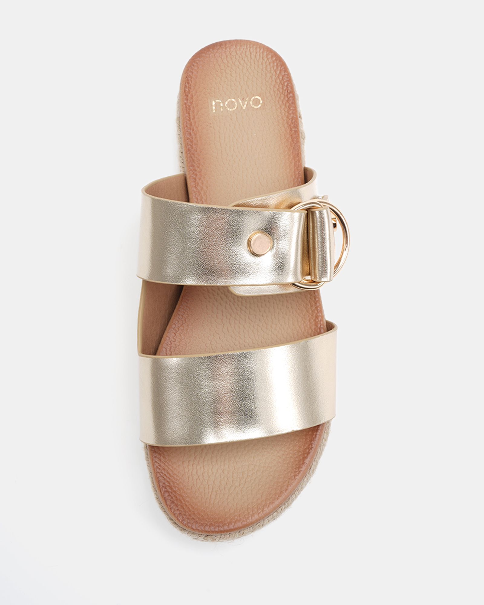 WIDE FIT SEZZADIO Gold Double Strap Buckle Mule Espadrille Sa