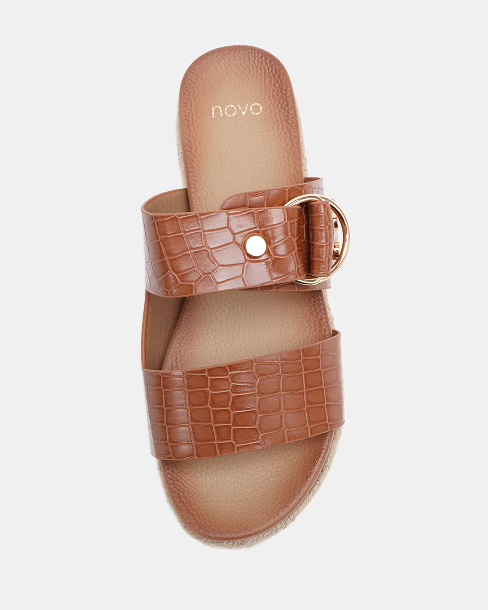 SEZZADIO Tan Double Strap Buckle Mule Espadrille Sandal
