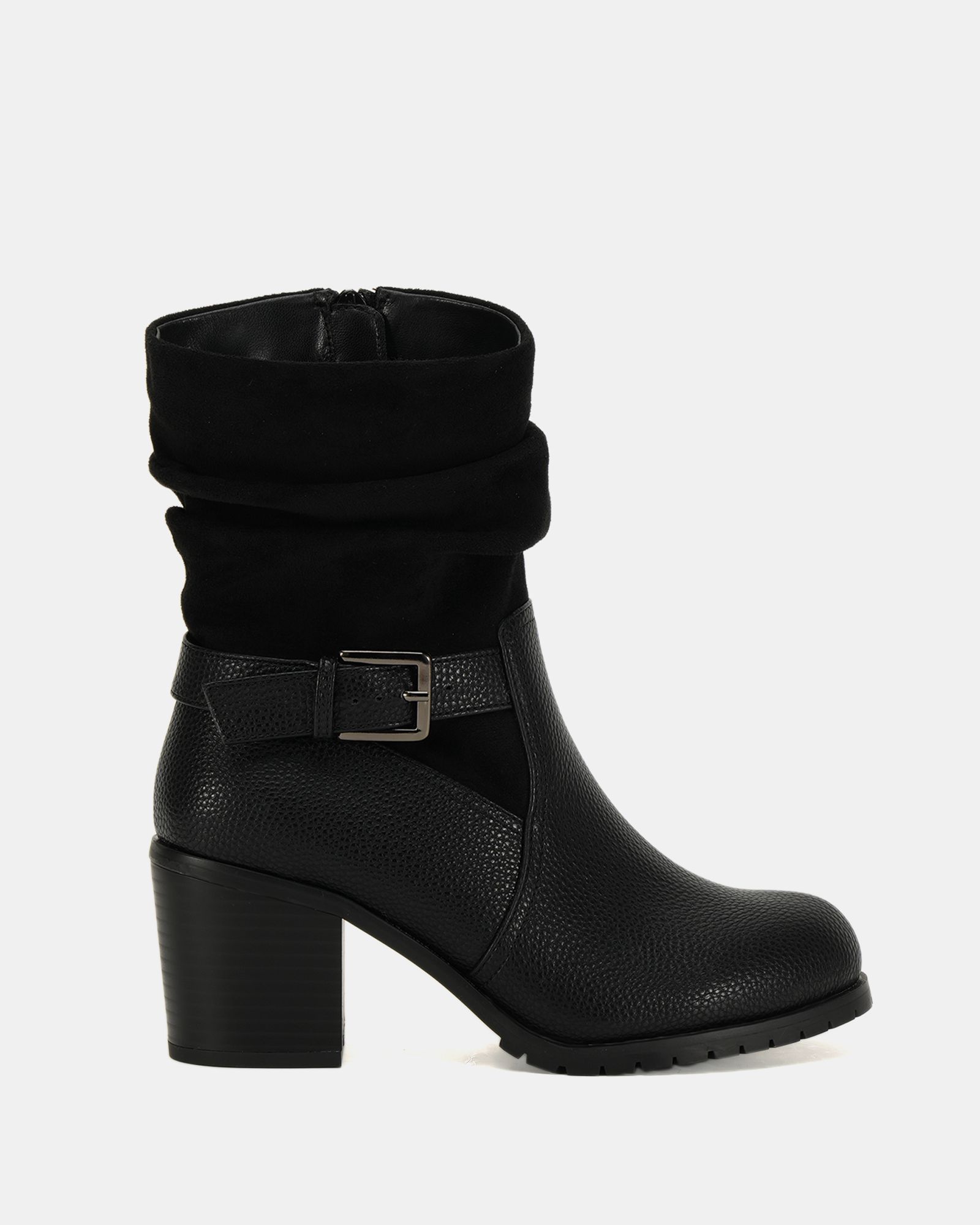Wide Fit Gabrielle Black block heel ruched buckle calf boot