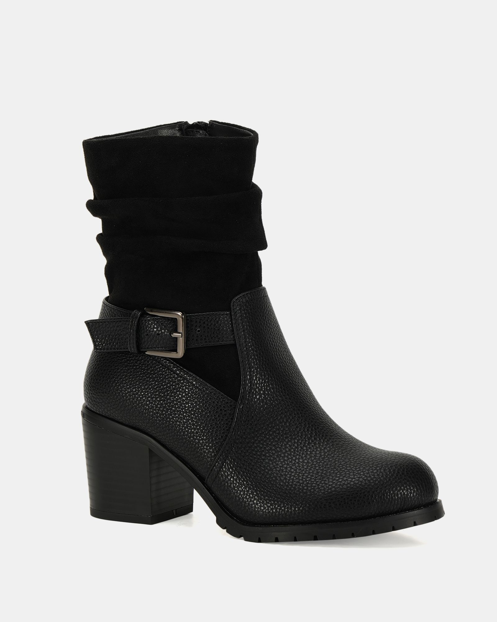 Wide Fit Gabrielle Black block heel ruched buckle calf boot