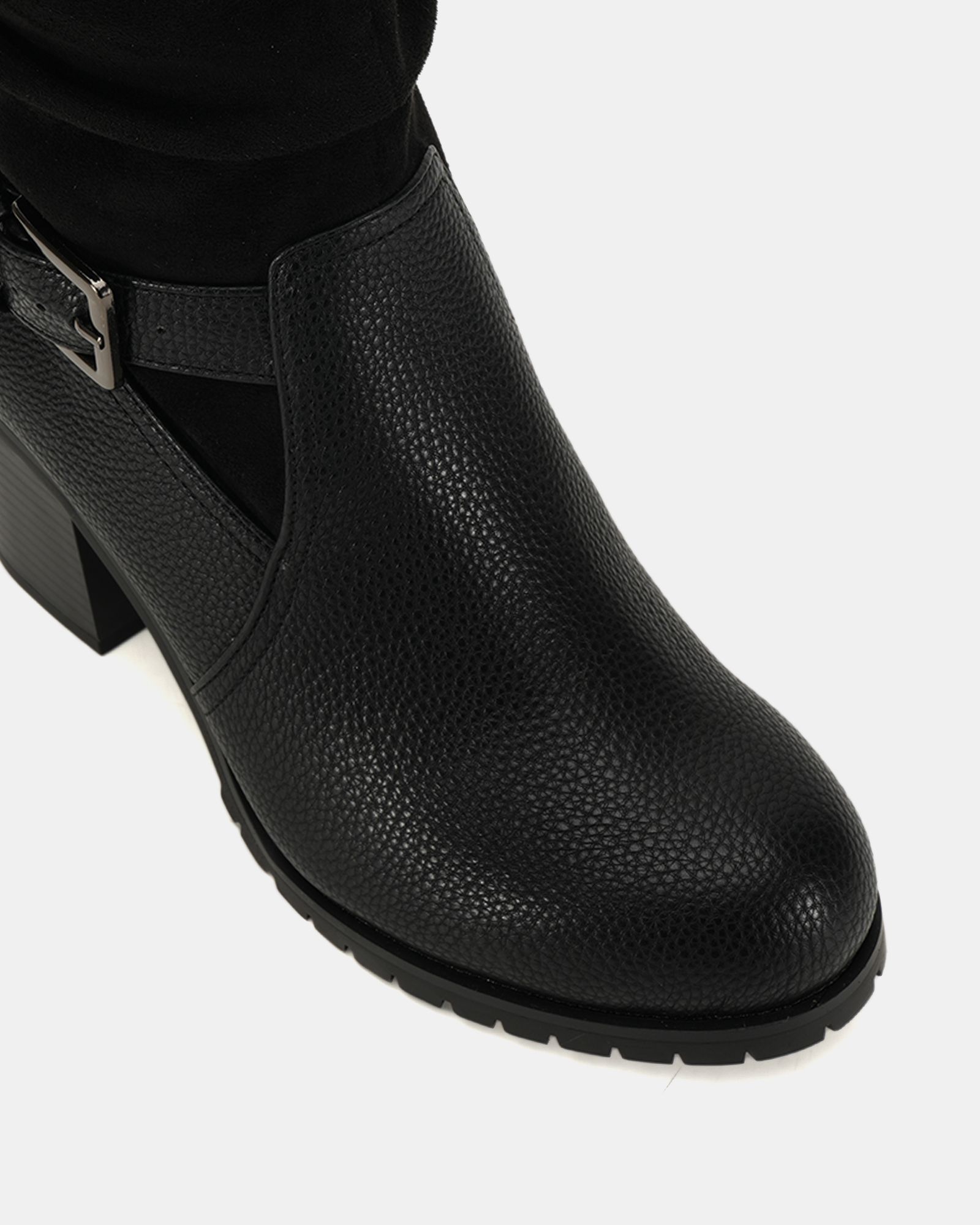 Wide Fit Gabrielle Black block heel ruched buckle calf boot