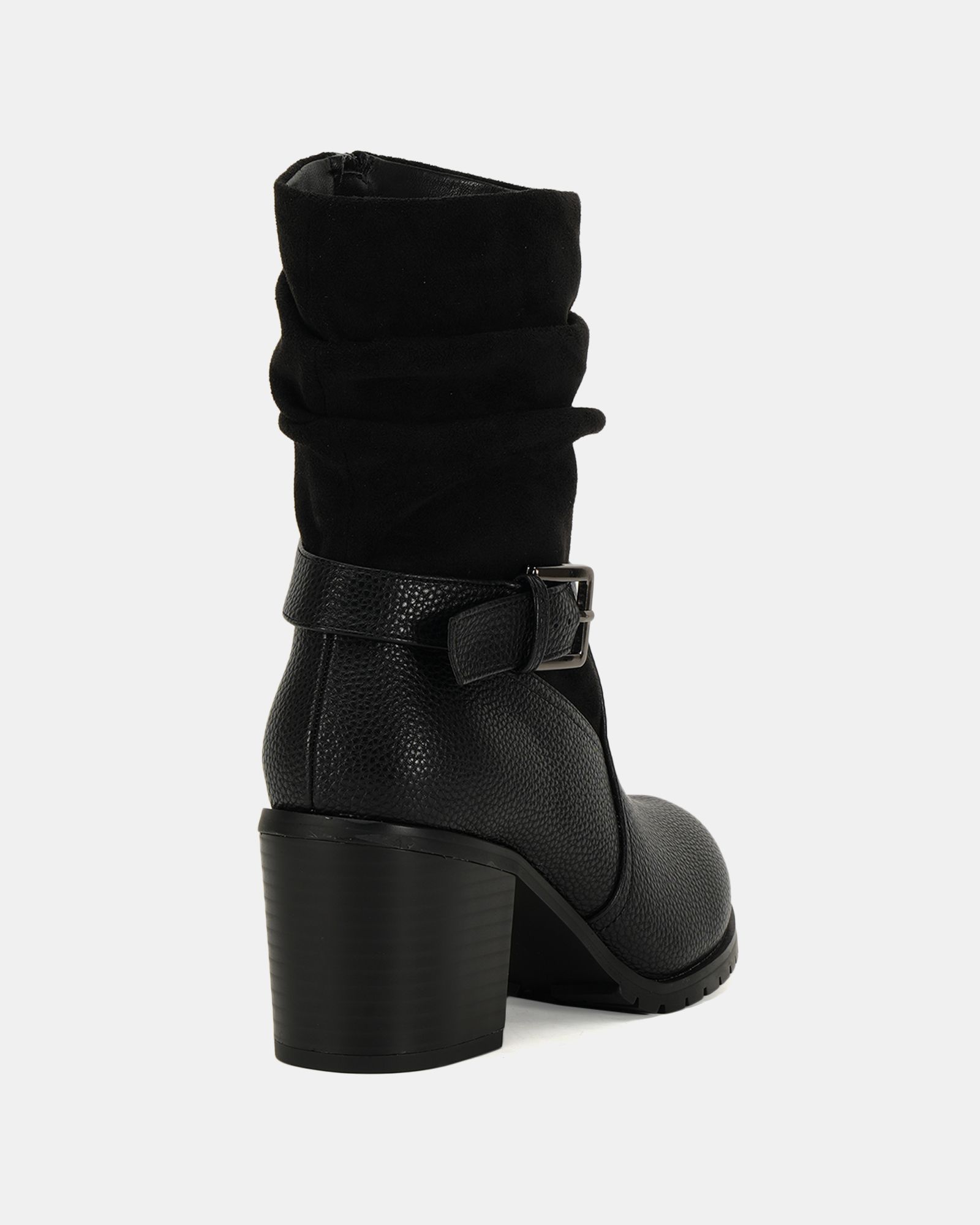 Wide Fit Gabrielle Black block heel ruched buckle calf boot