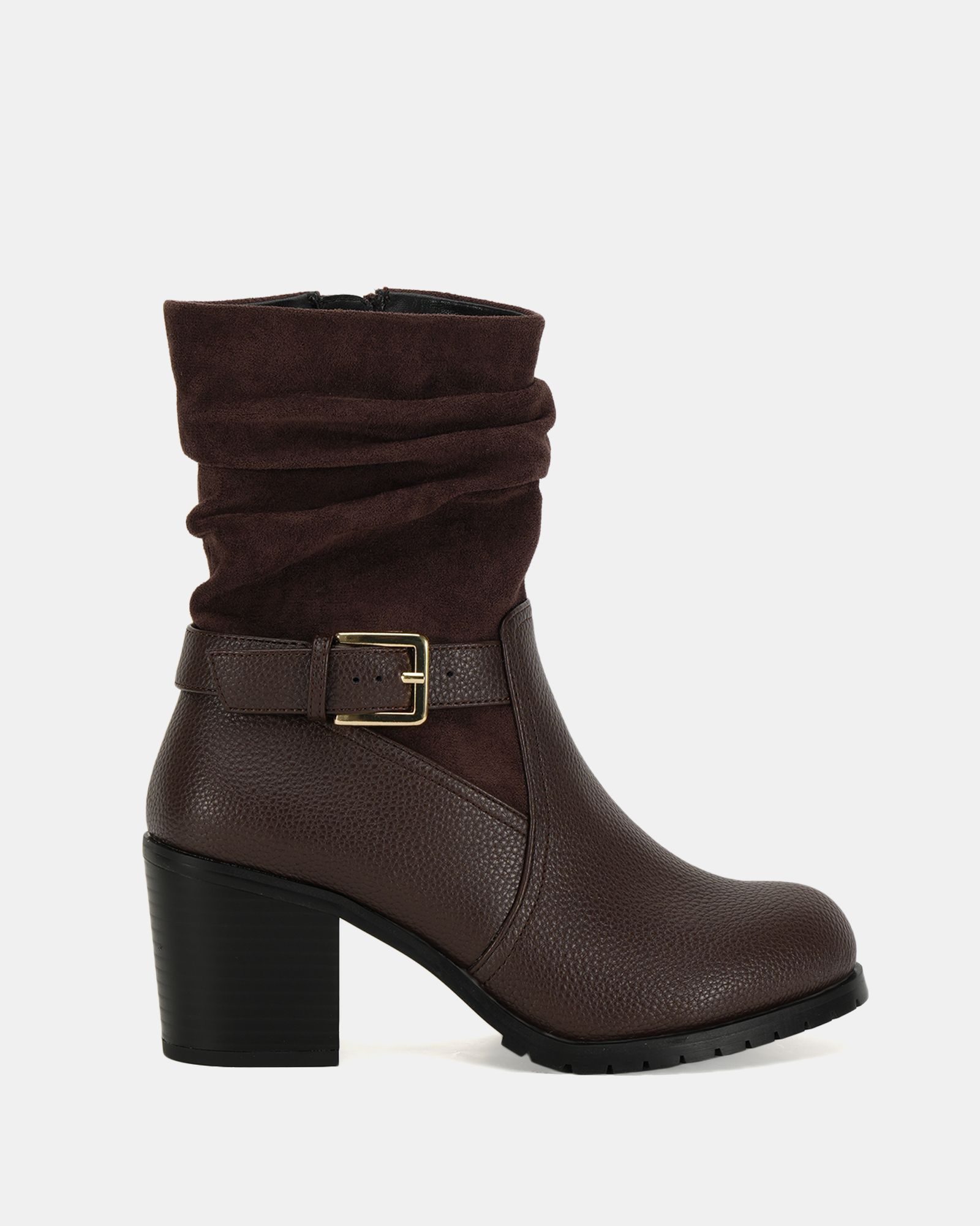 Wide Fit Gabrielle Brown block heel ruched buckle calf boot