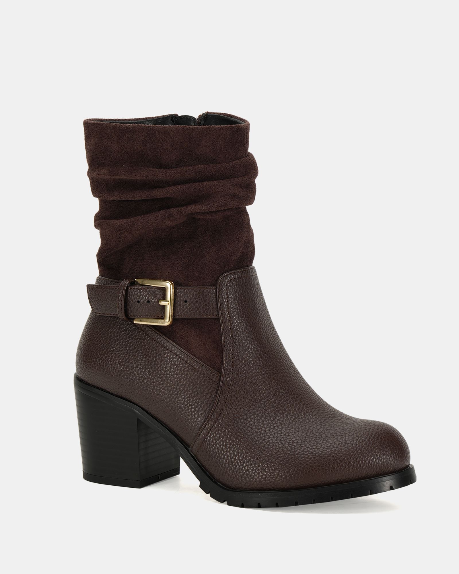 Wide Fit Gabrielle Brown block heel ruched buckle calf boot