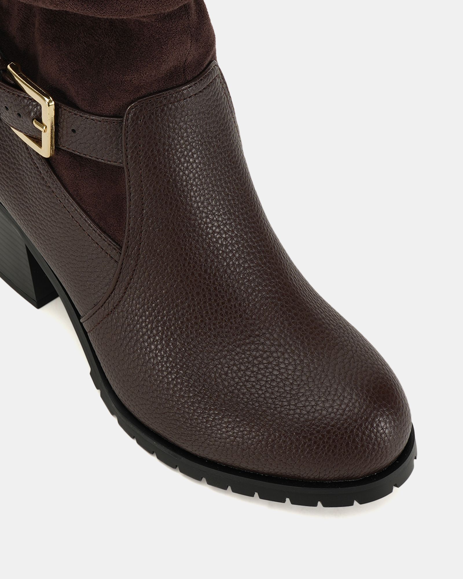 Wide Fit Gabrielle Brown block heel ruched buckle calf boot