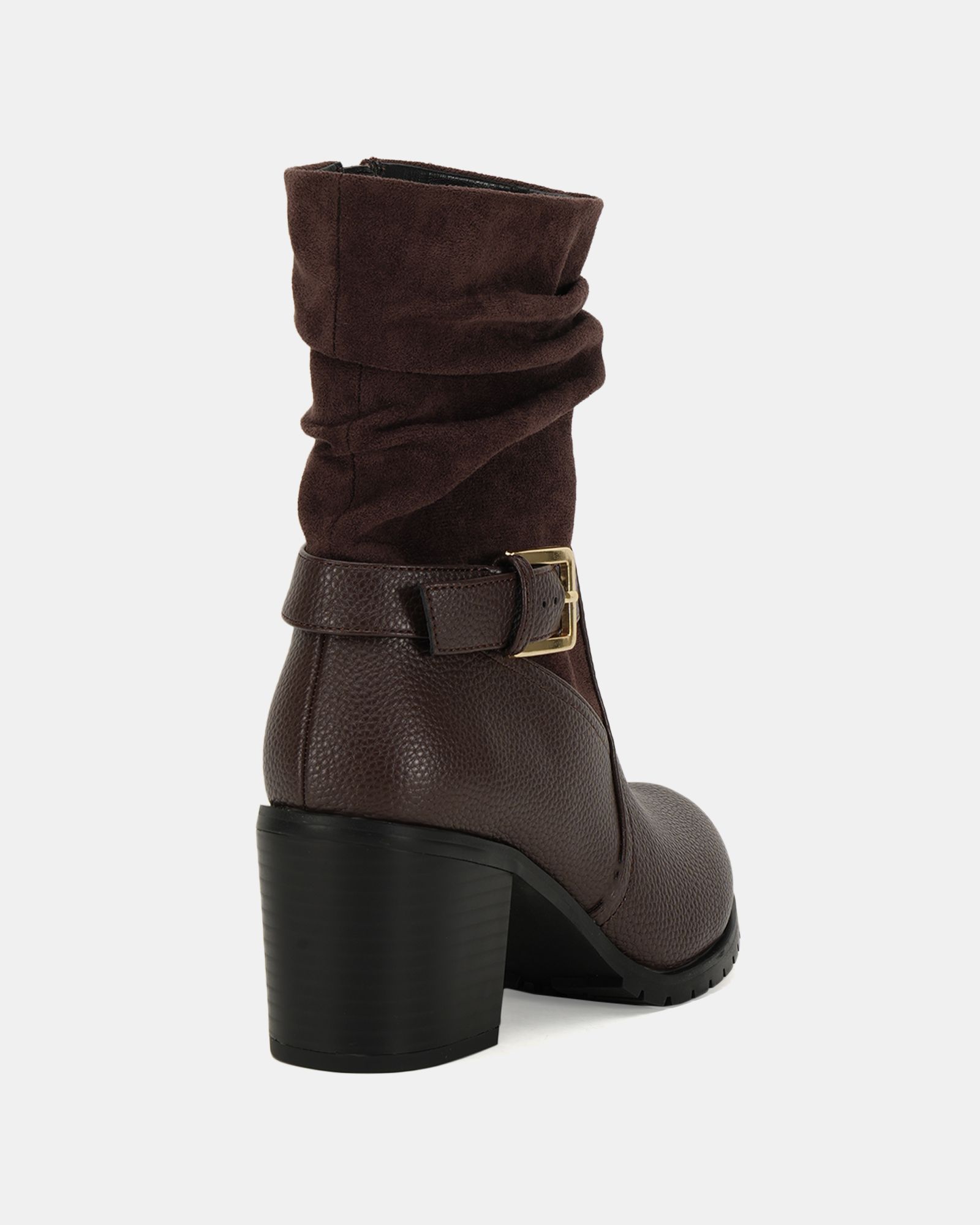 Wide Fit Gabrielle Brown block heel ruched buckle calf boot