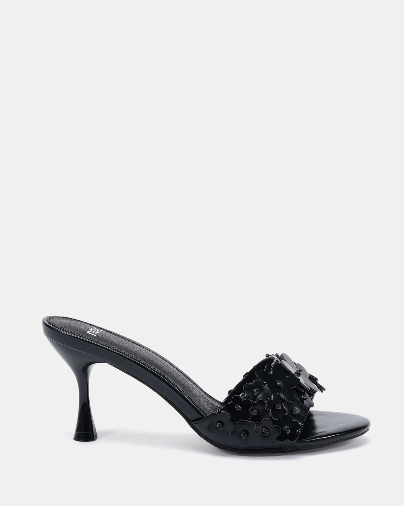 YEARNING Black Flower Detail Heeled Mule Sandal