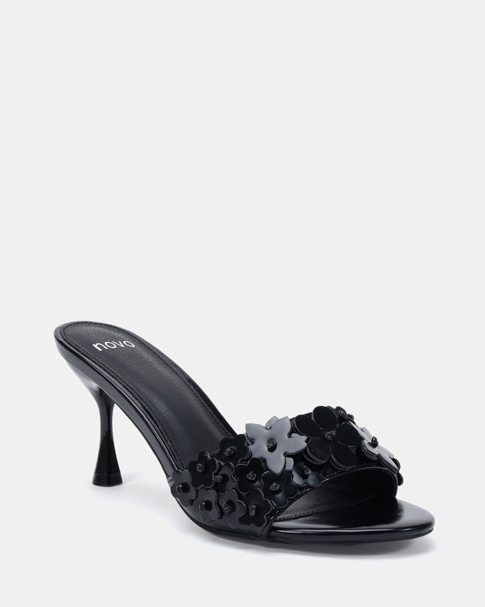 YEARNING Black Flower Detail Heeled Mule Sandal