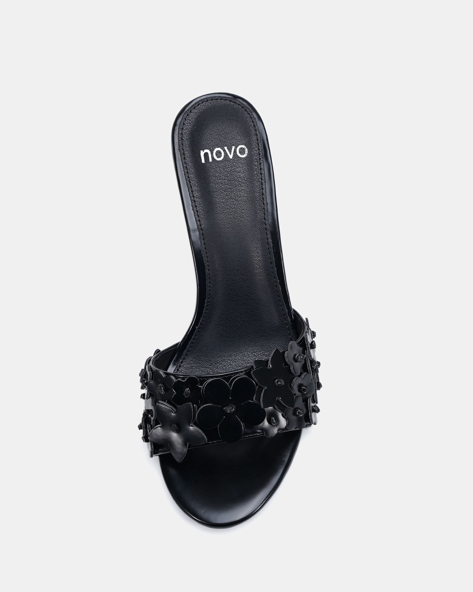 YEARNING Black Flower Detail Heeled Mule Sandal