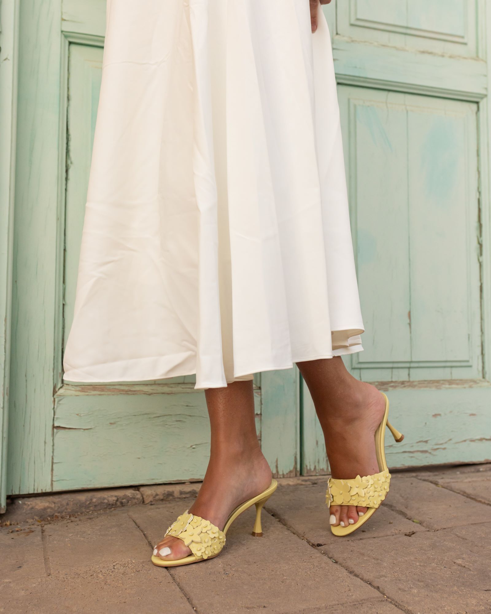 YEARNING Yellow Flower Detail Heeled Mule Sandal