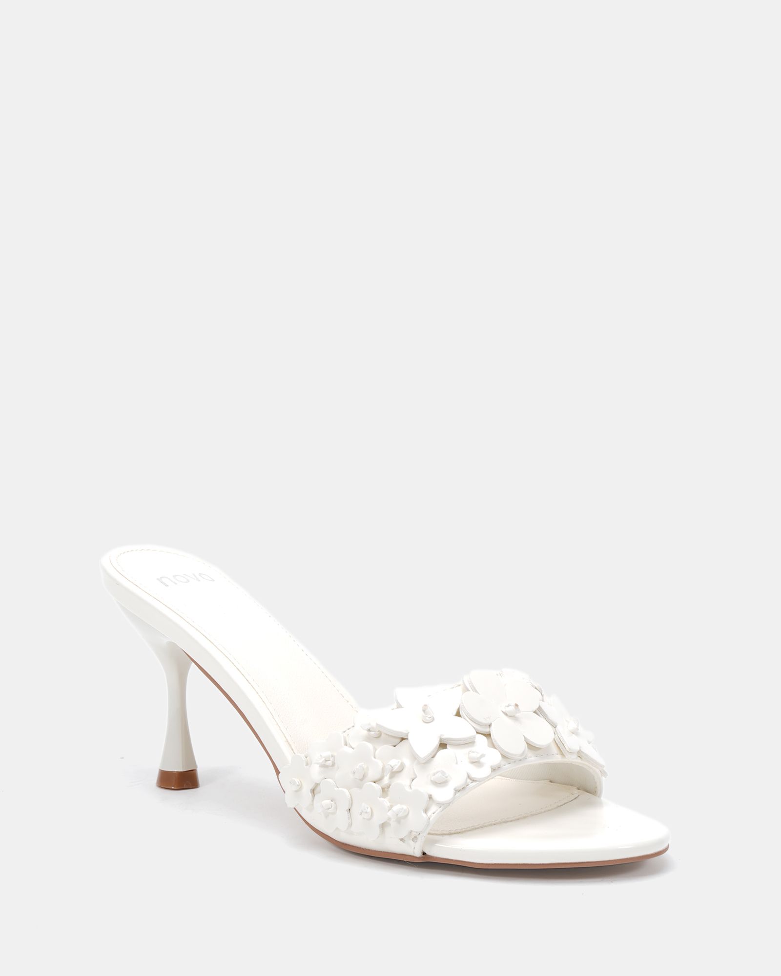YEARNING White Flower Detail Heeled Mule Sandal
