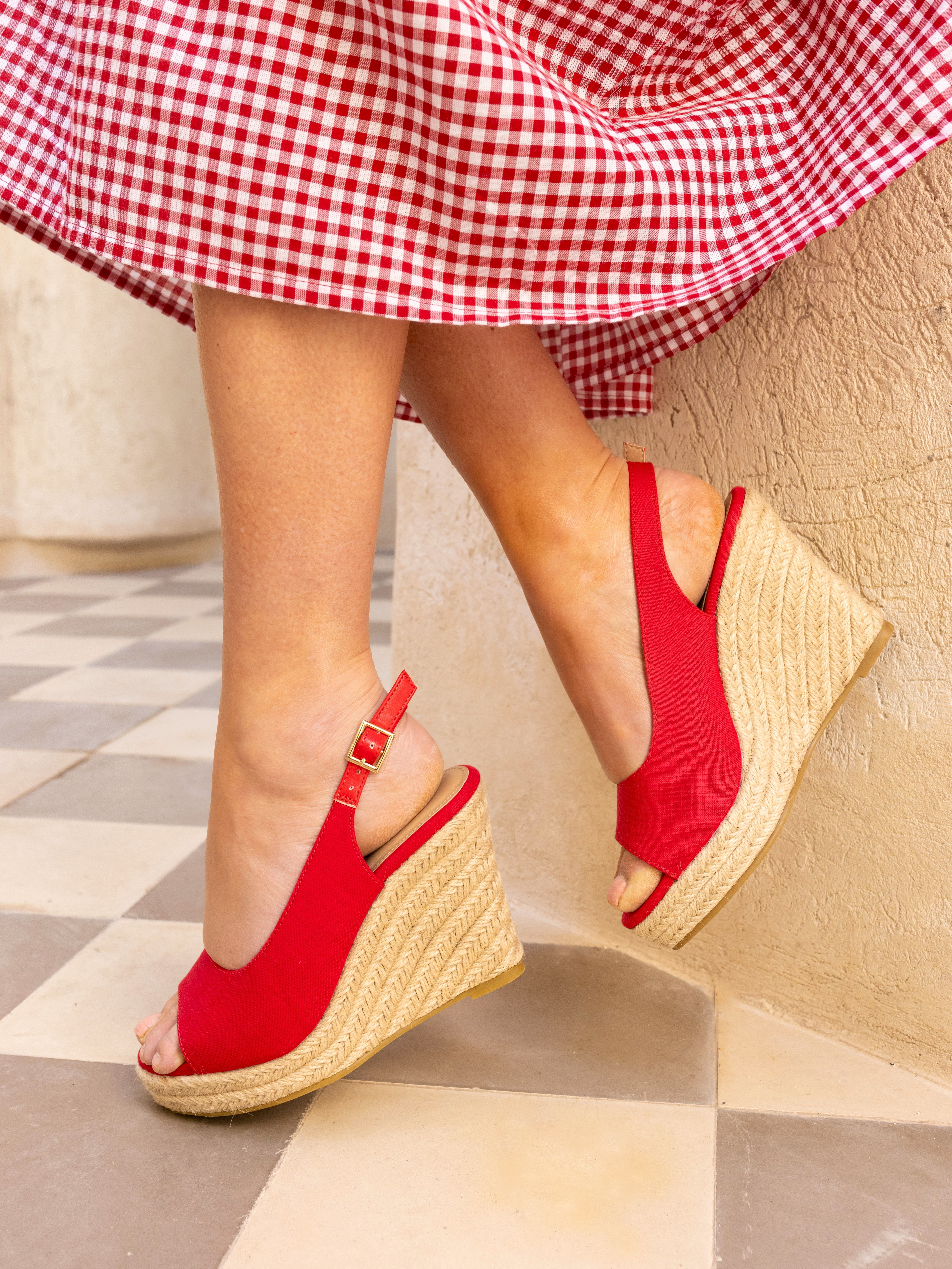 WIDE FIT OCEAN Red Slingback Espadrille Wedge