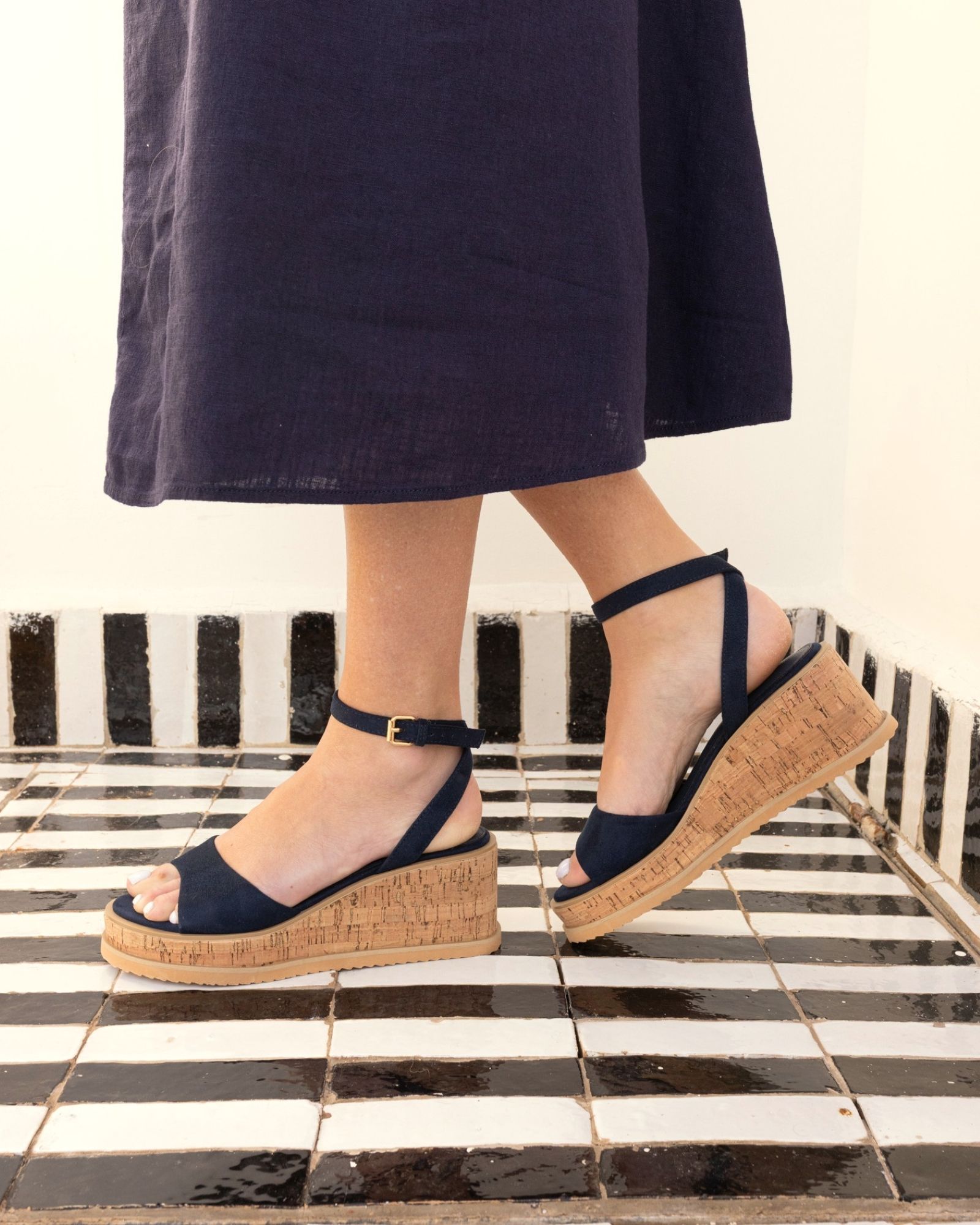 Wide Fit Bali Navy Mid Wedge Two Part Sandal