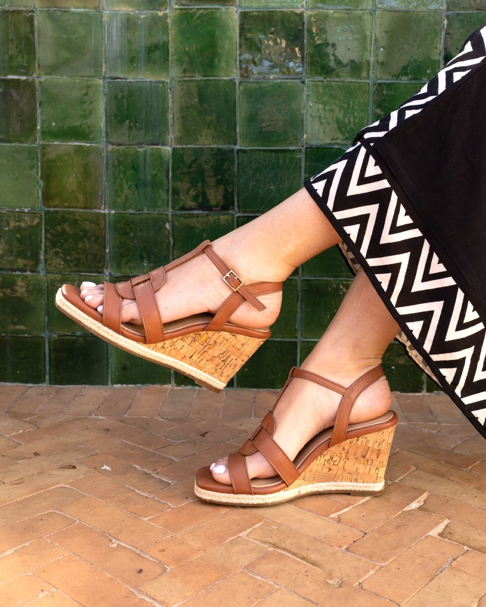 WIDE FIT BALMY Tan Tbar Detail Cork Wedge Sandal