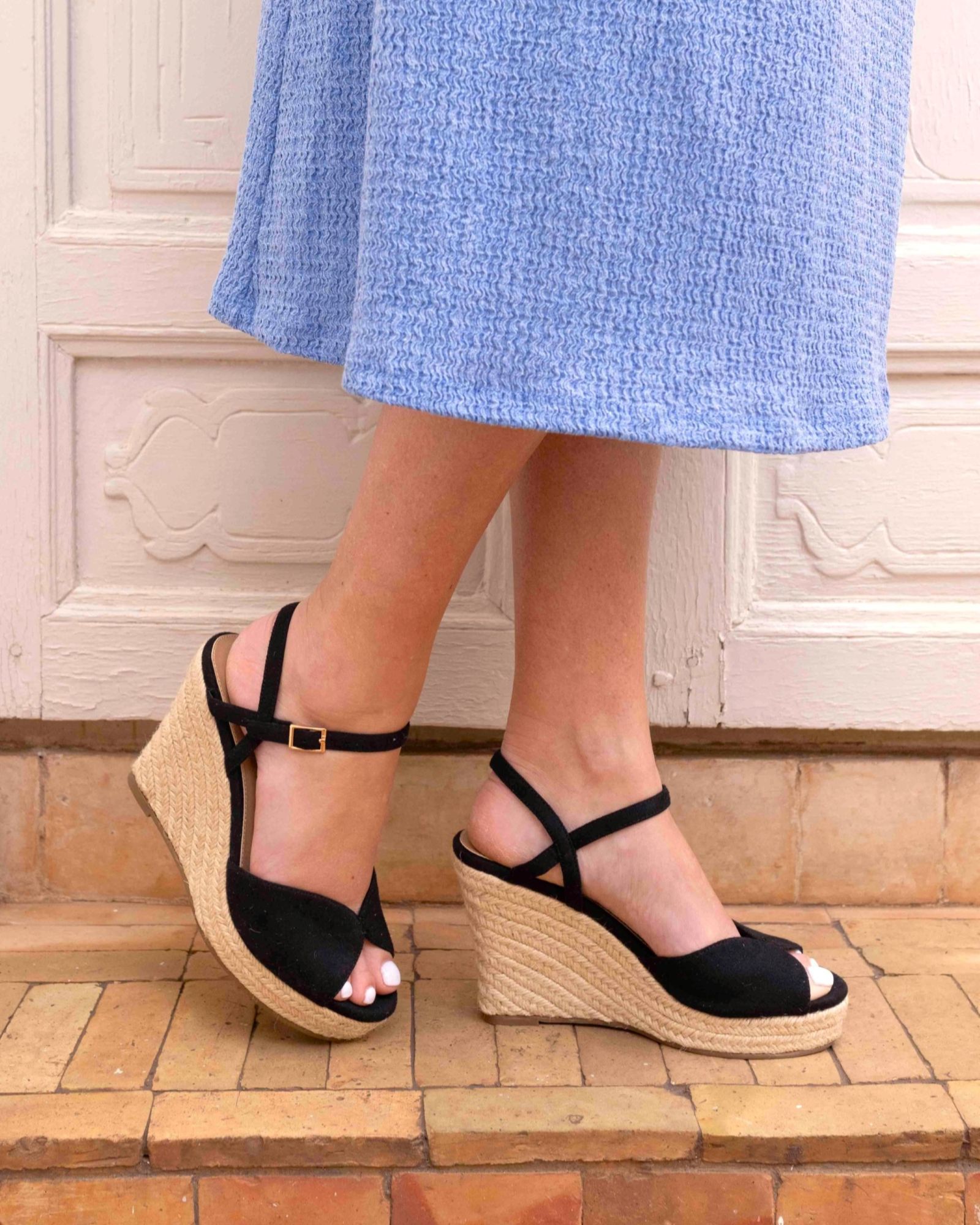 WIDE FIT BLISS Black Espadrille Wedge Sandal