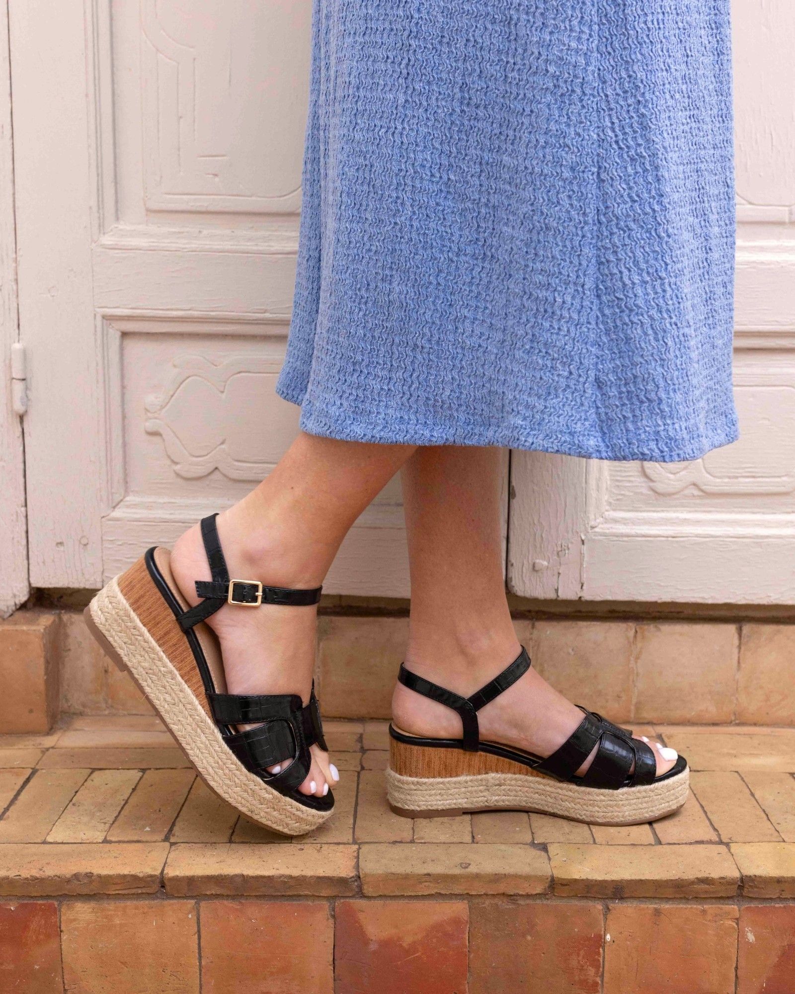 Wide Fit Blythe Black Mid Wedge Strappy Espadrille Sandal
