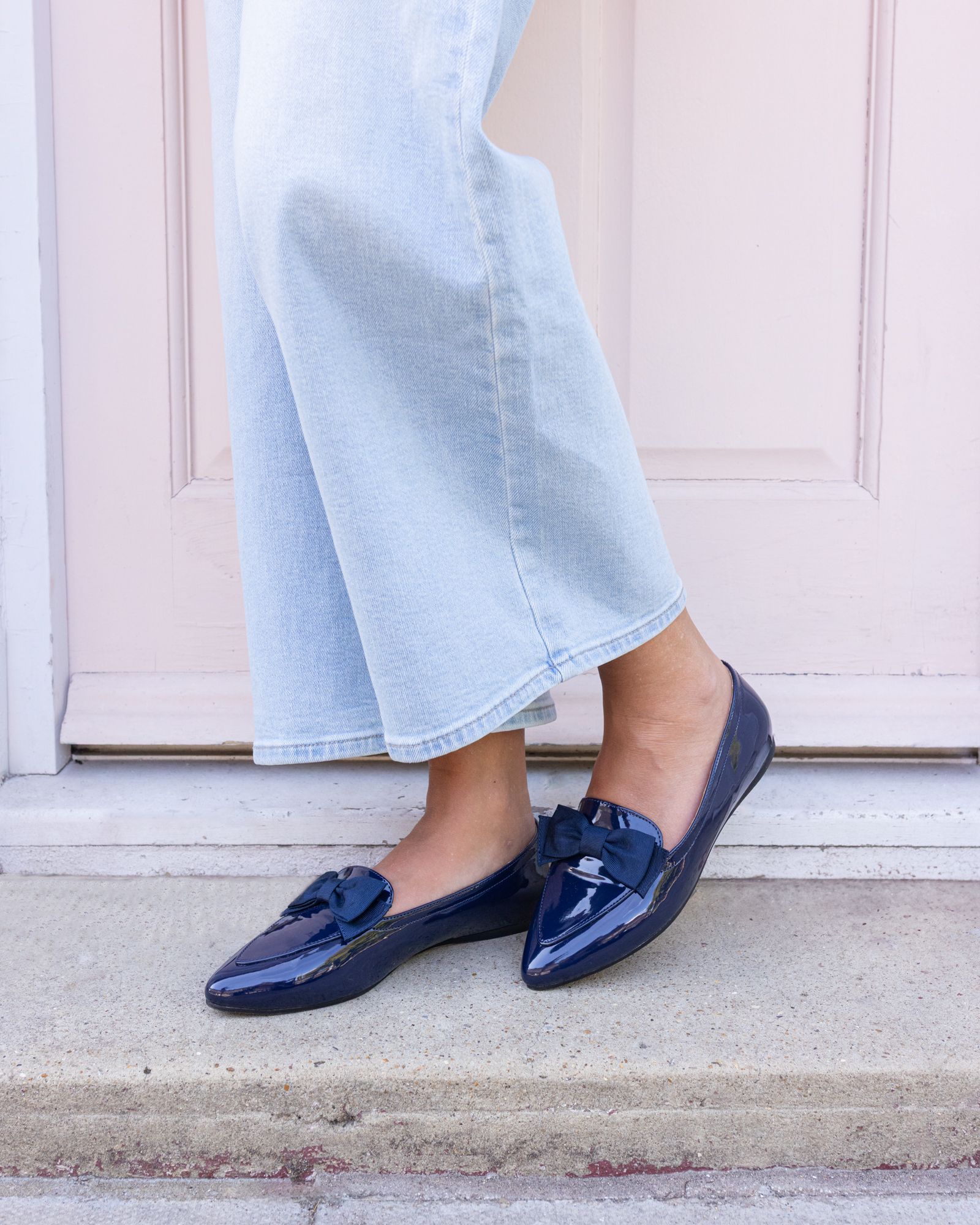 WIDE FIT COCO Navy Bow Flat Point Shoe