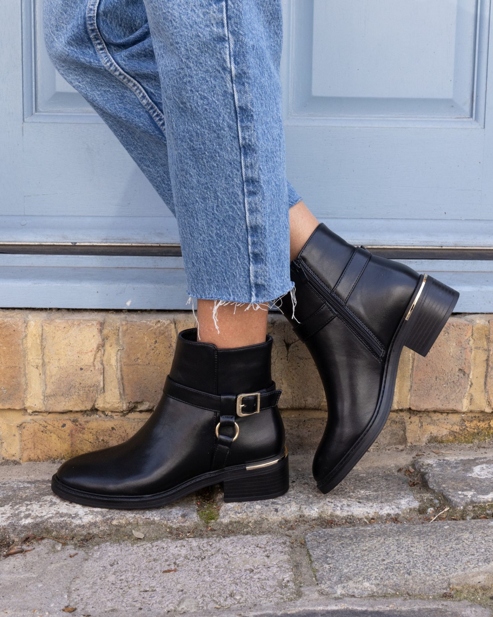 Wide Fit Dora Black Buckle Ring Detail Flat Ankle Boot